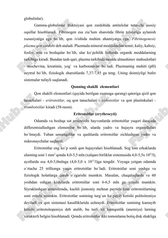 ida 4,0-5,5x 10'2/l), ayollarda esa 4,0-5,0mlnga (4,0-5,0 x 1012/l)ga tengdir. voyaga yetgan odamda o`rtacha 25 trillionga yaqin eritrotsitlar bo`ladi. eritrotsitlar soni yoshga va fiziologik holatlarga qarab o`zgarishi mumkin. masalan, chaqaloqlarda va 60 yoshdan oshgan kishilarda eritrotsitlar soni 6-6,5 mln ga yetishi mumkin. siyraklashgan atmosferada, kuchli jismoniy mehnat paytida ham eritrotsitlarning soni ortishi mumkin. eritrotsitlar sonining turg`un ko`payib ketishi politsitemiya deyiladi va qon sistemasi kasalliklarida uchraydi. eritrotsitlar sonining kamayib ketishi eritrotsitopeniya deb atalib, bu turli xil kamqonlik (anemiya) larning xarakterli belgisi hisoblanadi. qonda eritrotsitlar ikki tomonlama botiq disk shakliga ega bo`lib, qonning surtma preparatlarida yumaloq doira shaklini oladi. rastrlovchi elektron mikroskop ostida ko`rilganda disk shaklidagi eritrotsitlar (diskotsitlar) eng ko`p (80%) uchraydi (59-rasm). ulardan tashqari, sharsimon (sferotsitlar), gumbazsimon (stomatotsitlar) va tikanaksimon o`siqli (exinotsitlar) eritrotsitlar ham oz miqdorda uchrashi mumkin. eritrotsitlar shakli muhim diagnostik ahamiyatga ega. qonda noto`g`ri shaklli - urchuqsimon, noksimon, eritrotsitlarning paydo bo`lishi poykilotsitoz (yunon. poykilos - har xil) deb atalib, …