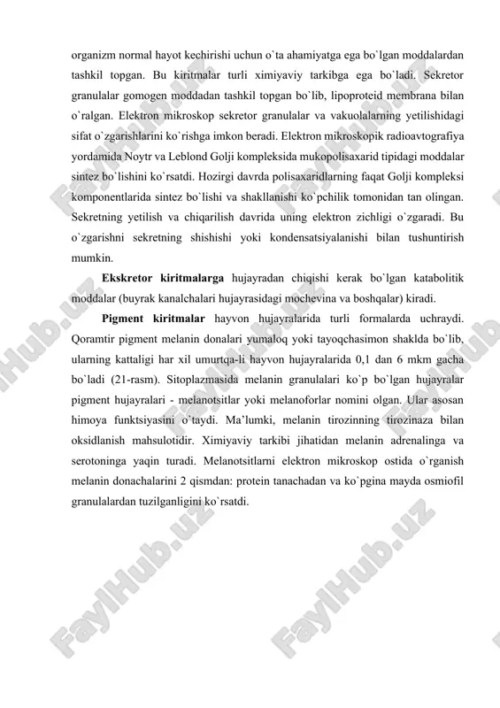 uchrovchi retinin ham kiradi. gemoglobin parchalanishining mahsulotlari (gemotoidin, gemosiderin, ferritin) fagotsitoz qiluvchi hujayralarda uchraydi. gemosiderin va gemotoidin sariq va qo`ng`ir rangga ega. gemosiderin retikulyar hujayralar tomonidan fagotsitoz qilingan (nobud bo`layetgan) eritrotsit gemoglobinidan hosil bo`ladi. shuning uchun retikulyar hujayra sitoplazmasida ko`p miqdorda ferritin donachalarini ko`rish mumkin. eritroblastlar retikulyar hujayralarning ferritin saqlovchi qismini qamrab oladi. ferritin eritroblastlar mitoxondriyasiga kirib u yerda yo`qoladi. balki ferritin bu yerda transformatsiyaga uchrasa kerak, chunki hosil bo`layotgan eritrotsit elektron mikroskopda ko`rilganda gemoglobin tarkibida ferritin ko`rinmaydi. ba’zi bir hujayralar sitoplazmasida maxsus kiritmalar bo’lib, ular hujayraning qaysi to`qimaga aloqadorligiga qarab ma’lum bir funktsiyani bajaradi. bu kiritmalarga qon donador leykotsitlari va siyrak biriktiruvchi to`kimaning semiz hujayralari ichidagi granulalar misol bo`la oladi. neytrofil leykotsitlarda granulalar dumaloq yoki oval shaklga ega. uning kattaligi 0.02 mkm dai 0,5 mkm gacha. bazofil leykotsitda granulalar yumaloq yoki yirikroq - 0,3 mkm gacha. yirik eozinofil granulalar yumaloq yoki oval shaklda bo`lib, kattaligi 0,7 dan 1,3 mkm …