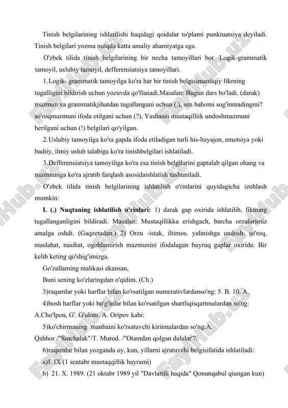 axta terib olindi. ii. (?) so'roq belgisining qo'llanish o'rinlari: 1) sof so'roq gaplar oxirida: toshkentdan nimalar keltirdingiz,bek aka? dars qachon tugaydi? 2) taxmin, chama, taajjub, buyruq ma'nolarini ifodalagan so'roqgaplar oxiriga shu gaplar rostmi? bugun qayerga bormoqchisan?kelasanmi? hayronman? 3) ritorik so'roq gaplardan so'ng: qizni kim sevmaydi, qimiznikim ichmaydi? (maqol.) vatandan ayrilib bo'ladimi? dunyodavatandan aziiz narsa bormi? 4) taqrizlarda ko'chirmalarda biron so'z yoki jumla noaniqlik,gumon, tushunmovchilikni ifodalaganda ham so'roq belgisi qo'yiladi."u o'zining o'tkir aqli (?) bilan. ko'zlaridagi joziba (?) bilan esdaqoladi." 5) so'roq ma'nosida ishlatilgan so'zlardan keyin: ot kim, nima?kimlar? nimalar ! so'roqlariga javob beradi. iii. (!) undov belgisining qo'llanish o'rinlari: 1). undov gaplar oxirida: kelgusi avlod tarixga qarab hukm yuritadur, ustod! —dedi ali qushchi. (o. yo.) bu iflosni otgan men bo'laman! (u.a.) 2). his-hayajon bilan aytilgan buyruq gaplar oxirida: nimalar deyapman, bilmayman, hayhot! (s. z.) yurtim, seni faqat boyliklaring-chun, sevgan farzand bo'lsa, kechirma aslo! (a. o.) 3) emotsionalikka ega bo'lgan yo …