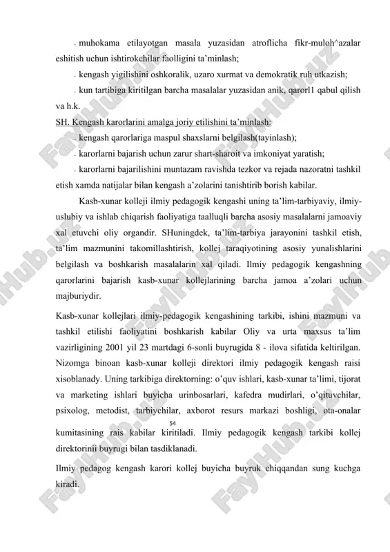 borish; mutaxassisligi va pedagogik tajribasi asosida ichki nazoratni amalga oshirish; ta’lim-tarbiya jarayonini ilgor pedagogik va axborot texnologiyalarining yutuqlari asosida tashkil etish; kasb hunar ta’limini unumli mehnat bilan birga olib borish; malakali kichik mutaxassis kadrlar tayyorlashda korxonalar ishlab chiqarish salohiyatidan foydalanish; ishlab chiqarish korxonalaridan yuqori malakali kadrlarni ta’lim jarayoniga jalb etish; pedagogik va muhandis-pedagoglarning ta’lim texnologiyalaridan okilona foydalanish bo’yicha malakalarini oshirib borish; o’quv reja, dasturlari va ukuv-uslubiy ishlarni takomillashtirish; maьishiy-ma’rifiy ishlarni samarali amalga oshirish omillarini ishlab chiqish, joriy etish va h.k. har bir o’quv haftasi davomida ichki nazorat tadbirlarini o’tkazishni bir martadan, direktor o’rinbosarlari esa ikki martadan rejalashtiradi. odatda ichki nazorat rejasi va jadvali o’quv yili uchun ishlab chiqiladi va pedagogik tasdiklanadi. ichki nazoaraat kasb hunar kollejlari faoliyati quyidagi yo’nalishilarini tahlil qilishga yo’naltiriladi: -ta’lim sohasida yagona davlat siyosatiniamalga oshirishga; -kasb-hunar ta’limi mazmuni va sifatiga qo’yilgan talablarni bajarilishiga; -yuqori sifat va samaradorlikni ta’minlovchi pedagogik texnologiyalarni ta’lim tarbiya jarayoniga joriy etishga; -o’quvchilarning biim …