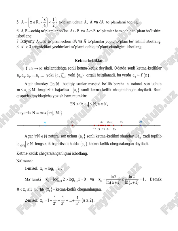 3 1x x  tenglama  1;2 oraliqda ildizga ega ekanligini va sonlar o’qida kamida 3 ta ildizga ega ekanligini isbotlang. 3.  f c funksiya bo’lsa   :x f x c  ochiq to’plam ekanligini isbotlang. 4.  f c funksiya bo’lsa       1 , : ,f a b x f x a b    ochiq to’plam ekanligini isbotlang. 5.  ,f c a b funksiya uchun shunday  ,c a b son mavjudligini isbotlangki       2 f a f b f c   bo’lsin. funksiyaning hosilasi x  to’plam berilgan bo’lsin. funksiyaning hosilasi. :f x r funksiyaning x x ichki nuqtadagi hosilasi deb quyidagi limit qiymatiga aytiladi (agar mavjud bo’lsa):       0 ' : lim . x f x x f x f x x     …