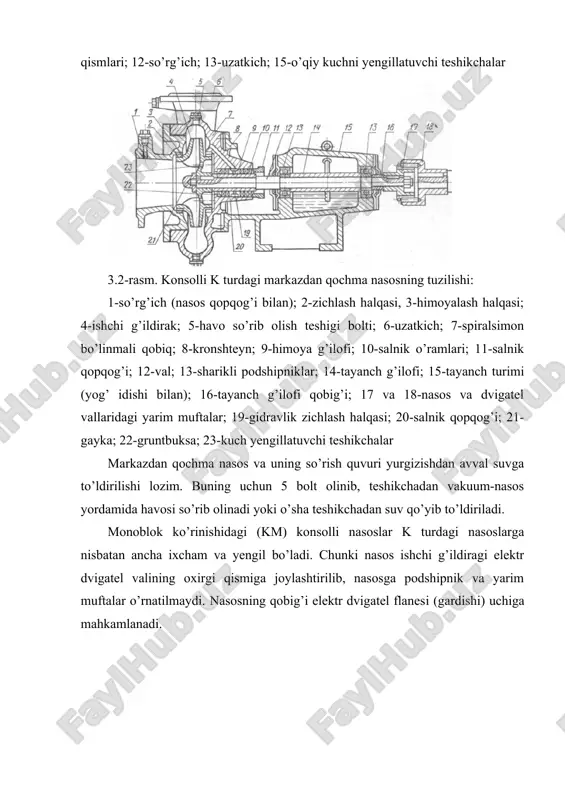 usiyatlarga ega; qobig’i ochilishi gorizontal tekislikda bo’lganligi sababli ta`mirlashda ochish-yig’ish ancha oson. nasos detallarining tuzilish sxemasi 3.4-rasmda keltirilgan. ishchi g’ildirak 2 ikki tomonidan tashqi gardishlar va ichki tomondan 1 valga mahkamlangan g’ilofdan iborat. 3.4-rasm. markazdan qochma d turdagi nasosning tuzilishi sxemasi: 1-val; 2-ishchi g’ildirak; 3-qobiq ichidagi spiralsimon olib ketuvchi moslama (kanal); 4-havo so’rib olish teshikchasi qopqog’i; 5-zichlash-saqlash halqasi; 61-so’rish salnigi; 7-himoya g’ilofi; 8-salnik qopqogi; 9-podshipnik; 10-yarimmufta; 16-oziqlantiruvchi quvurcha;.17-gidravlik zichlash halqasi bosimli suyuqlikni 3 spiralsimon moslamadan so’rish qismiga qaytib oqib o’tishini kamaytirish uchun 5 zichlash halqalari ishchi g’ildirak gardishining o’ng va chap tomonlariga kichik o’lchamdagi tirqish bilan o’rnatiladi. g‘ilof 7 valni himoyalash bilan birga ishchi g’ildirakni o’q bo’yicha siljishiga yo’l qo’ymaydi. qobiqdan 1 valni chiqish joylariga har ikki tomonidan 61 so’rish salniklari va 17 gidravlik halqa o’rnatilib, havo so’rilishga yo’l qo’ymaslik va sovitish uchun unga 16 oziqlantiruvchi quvurcha bilan 3 spiralsimon olib ketuvchi moslamadagi bosimli suvdan yuboriladi. valning tayanchi 9 podshipniklar …