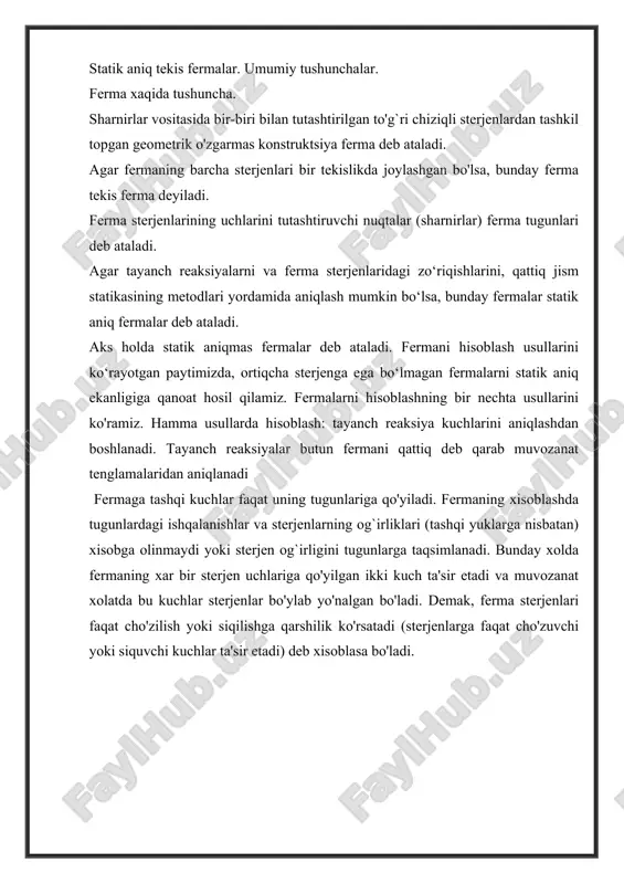hizishda unga qo’yilgan tashqi yuklar qatorida, uning uchlariga tayangan osma balkalarning tayanch reaktsiyalari teskari yo’naltirib hisobga olinadi. asosiy, yordamchi va osma balkalarning eguvchi moment va ko’ndalang kuch epyuralari chizilgandan so’ng ular bir koordinatalar sistemasiga keltirilib, ko’p oraliqli balka uchun umumiy eguvchi moment va ko’ndalang kuch epyuralari quriladi va tekshiriladi. xulosa yuqorida keltirilgan sxemalardan sharnirlarni joylashtirish-ning quyidagi qoidasini olish mumkin. 1. har bir prolyotda 2 dan ko'p sharnir joylashtirish mumkin emas; 2. 2 ta sharnirli prolyot sharnirsiz prolyot bilan almashib keladi; 3. bitta prolyotdan tashqari har bir prolyotga bittadan sharnir qo'yish mumkin. ko'p prolyotli statik aniq balkalarni analitik usulda hisoblash. bunday balkalarda tashqi doimiy yuk ta'sirida hosil bo'ladigan eguvchi moment va ko'ndalang kuch epyuralarni qurishdan avval balka elementlarining o'zaro bog'lanish sxemasini chizib, asosiy va osma balkalar belgilab olinadi. eguvchi moment va ko'ndalang kuch epyuralarini qurish osma balkalardan boshlanadi. asosiy balkalar uchun eguvchi moment va ko'ndalang kuch epyuralarini chizishda unga ko'yilgan tashqi …