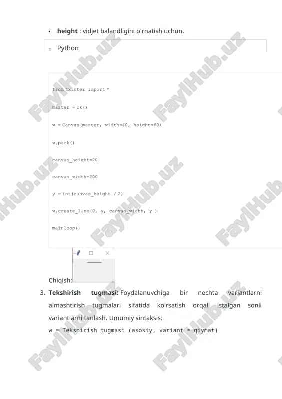 n ishlatiladigan bir qator variantlar mavjud. variantlar soni vergul bilan ajratilgan parametrlar sifatida o'tkazilishi mumkin. ulardan ba'zilari quyida keltirilgan. 4. bg : normal fon rangini o'rnatish uchun. 4. normal fon rangini o'rnatish uchun bg . 4. buyruq : funktsiyani chaqirish. 4. shrift : tugma yorlig'iga shriftni o'rnatish uchun. 4. image : tugmadagi tasvirni o'rnatish uchun. 4. width : tugma kengligini o'rnatish uchun. 4. balandligi ” tugmasi balandligini o'rnatish uchun. · python from tkinter import * root = tk() w = label(root, text='geeksforgeeks.org!') w.pack() root.mainloop() chiqish: 1. listbox : u foydalanuvchiga istalgan sonli variantlarni qabul qilishi mumkin bo'lgan ro'yxatni taklif qiladi. umumiy sintaksis: w = listbox(master, option=value) master - bu asosiy oynani ko'rsatish uchun foydalaniladigan parametr. vidjet formatini o'zgartirish uchun ishlatiladigan bir qator variantlar mavjud. variantlar soni vergul bilan ajratilgan parametrlar sifatida o'tkazilishi mumkin. ulardan ba'zilari quyida keltirilgan. 5. highlightcolor : vidjet fokuslanishi kerak boʻlganda fokusning taʼkidlash rangini oʻrnatish uchun. 5. …