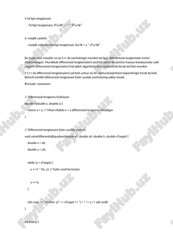 suli). differensial tenglamalar matematik tahlilning muhim mavzusi bo'lib, turli xil yechim texnikasi, barqarorlik tahlili va amaliy matematikada keng qo'llaniladi. differensial tenglamalarning taqribiy yechimlarini topishning bir necha asosiy taxminiy usullari mavjud. quyida tez-tez ishlatiladigan taxminiy yechim usullari keltirilgan: 1. eyler usuli: eyler usuli birinchi tartibli differensial tenglarni sonli yechish uchun oddiy taqribiy usuldir. bu usulda differensial tengdagi hosila ifodasi uni qadam kattaligiga (odatda h) ko'paytirish yo'li bilan yaqinlashadi. birinchi boshlang'ich qiymatdan foydalanib, funktsiyaning qiymatlari ketma-ket bosqichlarda hisoblanadi. eyler usuli oddiy differensial tenglarning taqribiy yechimida ko'pincha qo'llaniladi. 2. yaxshilangan eyler usuli:zyaxshilangan eyler usuli - bu eyler usuliga o'xshash, ammo aniqroq natijalarni beruvchi taxminiy yechim usuli. bu usulda eyler usulida qilingan yaqinlashuvni tuzatish uchun hosila ifoda ikki marta baholanadi. birinchidan, oraliq qiymat boshlang'ich qiymatdan hisob-kitob asosida hisoblanadi, so'ngra bu oraliq qiymat yakuniy natijani hisoblash uchun ishlatiladi. 3. runge-kutta usuli: runge-kutta usuli - birinchi tartibli differensial tenglamalarning sonli yechimida aniqroq natijalar beradigan taqribiy yechim …