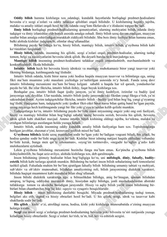 haqida so‘z”, “ma’rifat (bilish) omillari haqida” fasllar bor. nasafiy moturidiya maktabi vakili sifatida ash’ariylar va mu’taziliylarning ilm va bilish haqidagi ta’riflarini tahlil etgan. ash’ariya va moturidiya olimlari ahli sunnaning ajralmas vakillari bo‘lsa-da, ular o‘rtasida kichik farqlar borligi ma’lum bo‘ladi. mu’taziliy abu ali al-jubboiy shunday deydi: “ilm – bir narsa qanday bo‘lsa zarurat va dalil bilan, shunday, deb e’tiqod qilish”. ash’ariy abu bakr al-boqilloniyga ko‘ra: “ilm bir narsani qanday bo‘lsa, shunday deb tanimoq”dir. ba’zi ash’ariylar: “ilm – bir narsani qanday bo‘lsa, shunday idrok qilmoq”. nasafiy fikricha, ilm e’tiqod emas. chunki alloh alimdir (hamma narsani biluvchi), mo‘taqid (e’tiqod qiluvchi) emas. shuningdek, alloh “orif” sifati bilan tanilmagani bois, “ilm” va “ma’rifat” tushunchalari bir-biridan farq qiladi. u ba’zi ash’ariylarning “ilm biluvchini “olim” deb atalishiga vojib qiluvchi narsadir va ilm shunday sifatki, unga ega bo‘lgan zot olimdir”, degan fikriga qo‘shilsa-da, abu mansur moturidiyning quyidagi ta’rifini eng to‘g‘ri deb topadi: “...ilm shunday bir sifatki, ilm egasi …
