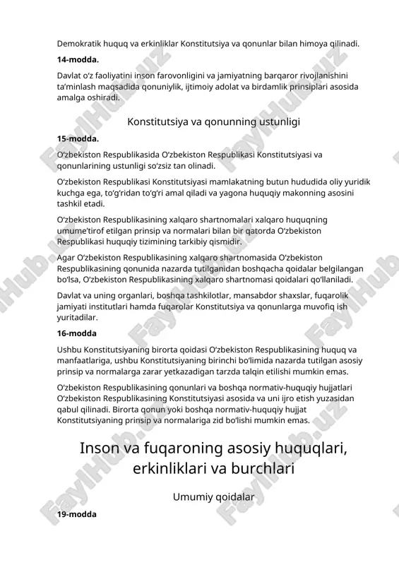 . hech kimga uning roziligisiz qonunchilikda belgilanmagan majburiyat yuklatilishi mumkin emas. inson o‘z huquq va erkinliklarini amalga oshirishda boshqa shaxslarning, jamiyat hamda davlatning huquqlari, erkinliklari va qonuniy manfaatlariga putur yetkazmasligi shart. insonning huquq va erkinliklari faqat qonunga muvofiq va faqat konstitutsiyaviy tuzumni, aholining sog‘lig‘ini, ijtimoiy axloqni, boshqa shaxslarning huquq va erkinliklarini himoya qilish, jamoat xavfsizligini hamda jamoat tartibini ta’minlash maqsadida zarur bo‘lgan doirada cheklanishi mumkin. fuqarolik 22-modda. o‘zbekiston respublikasining butun hududida yagona fuqarolik o‘rnatiladi. o‘zbekiston respublikasining fuqaroligi, unga qanday asoslarda ega bo‘lganlikdan qat’i nazar, hamma uchun tengdir. qoraqalpog‘iston respublikasining fuqarosi ayni vaqtda o‘zbekiston respublikasining fuqarosi hisoblanadi. fuqarolikka ega bo‘lish va uni yo‘qotish asoslari hamda tartibi qonun bilan belgilanadi. 23-modda. o‘zbekiston respublikasi o‘z hududida ham, uning tashqarisida ham o‘z fuqarolarini himoya qilish va ularga homiylik ko‘rsatishni kafolatlaydi. o‘zbekiston respublikasi fuqarosi o‘zbekistondan tashqariga majburiy chiqarib yuborilishi yoki boshqa davlatga berib yuborilishi mumkin emas. davlat xorijda yashayotgan vatandoshlar bilan aloqalarni saqlab qolish hamda …