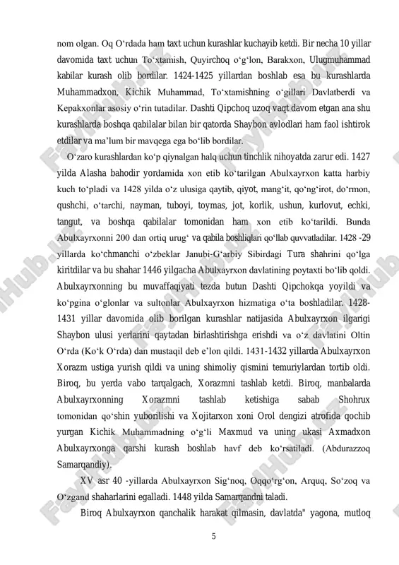di va ilm oldi. xv asr 90 -iillarida muhammad shayboniyxon dashti qipchoqqa bordi va siyosiy kurashlarga qo„shilib ketdi. u bir necha yil davomida kurash olib bordi va toshkentdagi hukmdorlar yordamida dashti qipchoqda mustahkam o„rnashib oldi. keyinchalik, sayram va yassini qo„lga kiritilgach, butun turkistonda hokimiyatni qo„lga kiritdi. 1498 yilda sulton axmad mirzo vafotidan so„ng samarqandga yurish qildi, uni qo„lga kirita olmagach, qarshiga yurish qildi va shahrisabz bilan birga talon -taroj etdi. 1499 yilda samarqandda qilgan yurishi yana muvaffaqiyatsizlikka uchragach, buxoroga yurish qildi va uch kunlik qamaldan so„ng uni qo„lga kiritdi. 1500 yilda muhammad shayboniyxon yana samarqandga yurish qildi va uni bosib olib, to„rt oy davomida talon qildi. bu samarqandliklarning shayboniyxonga qarshi qo„zg„oloni sabab bo„ldi va ular 19 yoshli temuriy shahzoda - zaxriddin muhammad boburni xon qilib ko„tardilar. bobur qarshi va guzorni ham qo„lga kiritdi. biroq uzoq vaqt talangan halqning ahvoli juda ham nochor edi. og„ir ahvolda qolgan bobur qo„shinlari zarafshon bo„yida …
