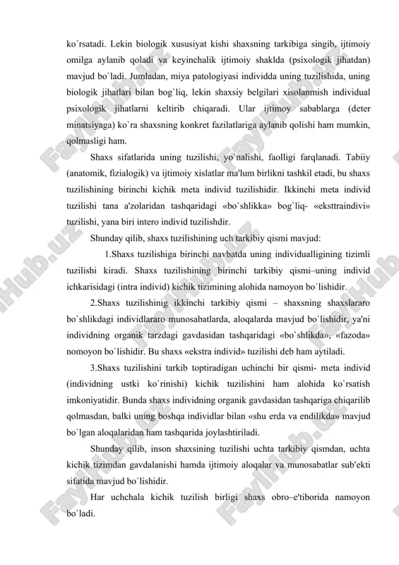 tish imkoniyatidir. bunda shaxs individning organik gavdasidan tashqariga chiqarilib qolmasdan, balki uning boshqa individlar bilan «shu erda va endilikda» mavjud bo`lgan aloqalaridan ham tashqarida joylashtiriladi. shunday qilib, inson shaxsining tuzilishi uchta tarkibiy qismdan, uchta kichik tizimdan gavdalanishi hamda ijtimoiy aloqalar va munosabatlar sub'ekti sifatida mavjud bo`lishidir. har uchchala kichik tuzilish birligi shaxs obro–e'tiborida namoyon bo`ladi. kishining tevarak–atrofga munosabatda, birgalikdagi va ijodiy faoliyatda nomoyon bo`ladigan ijtimoiy ahamiyatga molik o`zgarishlar qilishga layoqati shaxsning faolligi deb tushiniladi. bu uning g`oyaviy printsipialligida, qat'iyliligida, o`z nuqtai nazarini ximoya qila olishida, so`zi bilan ishi birligida ifodalanadigan hayotiy pozitsiyasida ko`rinadi. shaxs faoliyatini va faolligini yo`naltirib turadigan va mavjud vaziyatlarga nisbatan bog`liq bo`lmagan barqaror motivlar majmui shaxs yo`naltirilganligi deb ataladi. motivlar oz yo ko`p darajada anglagan yoki umuman anglanmagan bo`lishi ham mumkin. shaxsning yo`naltirilganligida anglangan motivlar asosiy rol o`ynaydi. kishi faoliyat natijasini hayolan oldindan belgilab beradigan maqsadning o`zigina emas, balki ushbu maqsad ahamiyatiga molik ob'ektga ro`yobga chiqishining realligi …