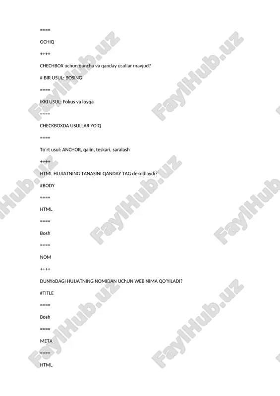 # loyihalash uchun maxsus qiymat "bo'shin tarjimon bot, [25.06.21 10:34] �a arhitecture client server ==== a va b ==== ko'rish (browser) tomonidan ochilishi va ko'rib chiqilishi mumkin bo'lgan noyob manzil bilan ta'minlangan hujjat. ++++ server tomonidan qayta ishlangan stsenariylar tili bu ... #php ==== perl ==== vbscript ==== asp ++++ binar operatorning maqsadi qanday%? # bo'limning qolganini hisobi tarjimon bot, [25.06.21 10:34] keyingi matnni kiriting: tarjimon bot, [25.06.21 10:34] ==== o'zgaruvchan qiymatini pasaytirish. prefix sifatida qo'llaniladi ==== maqsadli yoki ==== o'zgaruvchan yoki uning sufiksi qanday: chap tomonga siljishlar ++++ "||", "&&" deb nomlangan operatorlar qanday? #logik operatorlar ==== munosabat operatorlari ==== tashkilot operatori ==== alohida bitlar bilan ishlash uchun operatorlar ++++ foydalananing hayvonat bilan ishlab chiqarishni browser windowni yo'q qilish va boshqa hujjatga ko'chirish uchun qanday voqea bo'ladi? #onunload ==== onload ==== printrecord ==== tolowercase ++++ var mystr; mystr = "salom dunyo!"; k = mystr.length; hujjat.yozing ("line length" + k); …