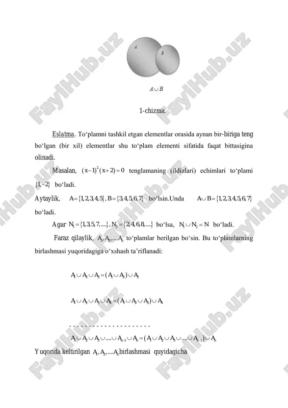 b a   1,2,3,..., ,... ,n n  1 2,4,6,8,...n   1\ 1,3,5,7,.....n n  a b c      \ \ \a b c a b a c        \ \ \a b c a b a c        \ \ \a b c a b a c        \ \ \a b c a b a c        \ \ \a b c a b a c   , bo‘lsin. u holda , va bo‘lib, va bo‘ladi. demak, , bundan bo‘lishi kelib chiqadi. endi bo‘lsin. u holda va, bo‘lib, bo‘ladi. demak, . bundan, bo‘lishi kelib chiqadi. to‘plamlar ustida amallar kiritilishida, ularni ixtiyoriy to‘plamlar deb qaraldi. masalan, deb shkafdagi kitoblar to‘plamini, deb suv havzasidagi baliqlar to‘plamini olish mumkin edi. …
