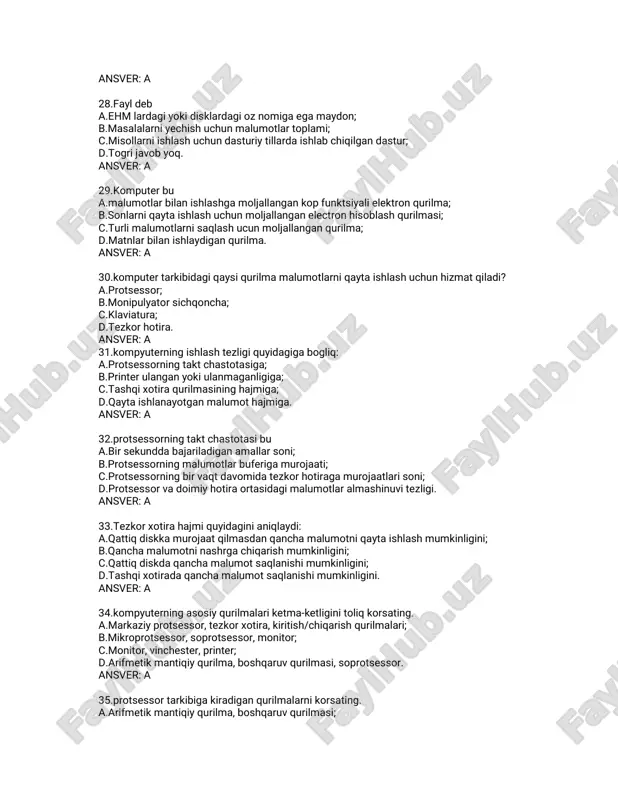 :a 34.kompyuterningasosiyqurilmalariketma-ketliginitoliqkorsating. a.markaziyprotsessor,tezkorxotira,kiritish/chiqarishqurilmalari; b.mikroprotsessor,soprotsessor,monitor; c.monitor,vinchester,printer; d.arifmetikmantiqiyqurilma,boshqaruvqurilmasi,soprotsessor. ansver:a 35.protsessortarkibigakiradiganqurilmalarnikorsating. a.arifmetikmantiqiyqurilma,boshqaruvqurilmasi; b.tezkorxotira,printer; c.keshxotira,videohotira; d.skaner,doimiyhotira. ansver:a 36.protsessormalumotlarniqaytaishlaydi. a.ikkilikkodida; b.onliksanoqtizimida; c.matnkorinishida; d.tasvirkorinishida. answer:a 37.doimiyxotiraqandayhizmatkorsatadi. a.kompyuterniishgatushiruvchidasturlarnisaqlaydivauningqurilmalarinisinovdan okazadi; b.ishvaqtidafoydalanuvchiningdasturlarinisaqlaydi; c.maxsusqiymatgaegaamaliydasturlarnikochiradi; d.doimiyfoydalaniladigandasturlarnisaqlaydi. ansver:a 38.qandayqurilmaochgandashaxsiykompyuterozfunksiyalarinibajaraolmaydi? a.tezkorxotira; b.protsessor; c.printer; d.sichqoncha; ansver:a 39.qandayqurilmamalumotniuzoqvaqtsaqlashgahizmatqiladi? a.tashqixotira; b.protsessor; c.tezkorxotira; d.diskovod. ansver:a 40.harvarduniversitetitomonidanishlabchiqilganprotsessorarxitekturasinitoping. a.harvard; b.fon-neyman; c.cpu; d.clockspeed. ansver:a 41.birxilxotiragakirisharxitekturasiqandaynomlanadi? a.uma(uniform memoryaccess); b.numa(non-uniform memoryaccess); c.risc(reducedinstructionsetcomputer); d.cisc(complexinstructionsetcomputer). ansver:a 42.birxilbòlmaganxotiragakirisharxitekturasiqandaynomlanadi? a.numa(non-uniform memoryaccess); b.uma(uniform memoryaccess); c.risc(reducedinstructionsetcomputer); d.cisc(complexinstructionsetcomputer). ansver:a 43.qisqartirilganbuyruqlartòplamigaegakompyuterarxitekturasinominikorsating. a.risc-reducedinstructionsetcomputer; b.cisc-complexinstructionsetcomputer; c.vliw -verylonginstructionword; d.numa-non-uniform memoryaccess. ansver:a 44.murakkab(tòliq)buyruqlartòplamigaegakompyuterarxitekturasinominikorsating. a.cisc-complexinstructions