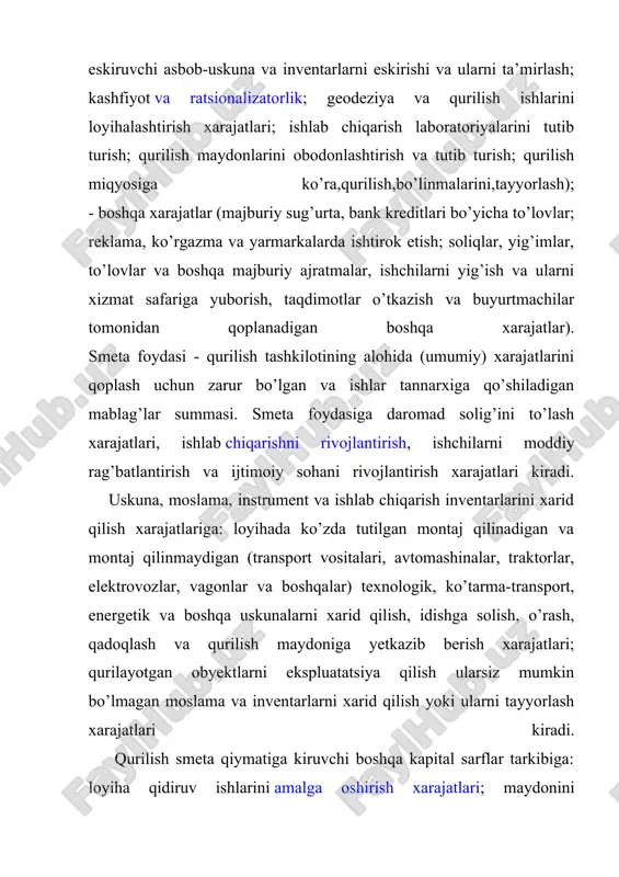 tsiyalash uchun mo’ljallangan. ta’kidlangan xarajatlarning korxona, bino va inshootlar qurilishini umumiy qiymatidagi ulushi qurilayotgan obyektlarning maqsadi va ishlar xususiyati (yangi qurilish, rekonstruksiya, mavjud yoki vaqtinchalik to’xtatilgan korxonalarni texnik qayta qurollantirish) dan kelib chiqadi. shuni ta’kidlab o’tish joizki, qimmatbaho mashina va agregatlar o’rnatiladigan sanoat korxonalari qurilishida uskunalar xarid qilish va montaj qilish smeta xarajatlarining asosiy qismni tashkil etadi. texnik qayta qurollantirishda asosiy xarajatlar uskuna va uni montaj qilishga, ijtimoiy-madaniy soha obyektlarini qurishda – qurilish montaj ishlarini amalga,oshirishga,to’g’ri,keladi. qurilishning smeta qiymatini aniqlash uchun uchta usuldan foydalaniladi: bazis-kompensatsion, resursli va resurs-indeksli usullar. bazis-kompensatsion usulda smeta hujjatlari mavjud smeta me’yorlariga asosan tuziladi. bu yerda obyekt qiymati haqiqatda qilingan xarajatlardan shakllanadi va faqat qurilish yakunlangandan keyin to’liq aniqlanishi,mumkin. https://genderi.org/bino-va-inshootlarning-yer-usti-qismini-barpo-etish.html ushbu usul yordamida qiymat ikki bosqichda aniqlanadi: - birinchi (loyihalashtirish) bosqichda – bazis darajada bazis qiymatning inflyatsiya munosabati bilan kutiladigan o’sishi ehtimoli bilan; - ikkinchi (qurilish jarayoni) bosqichda – ishlar, xizmatlar, uskunalar va boshqalarga haq to’lashda …