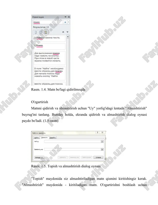 z bilan almashtiradi. tezaurusdan foydalanish uchun siz so'zni ajratib ko'rsatishingiz kerak, so'ngra kontekst menyusidan foydalanib, tezaurus tomonidan taklif qilingan so'zlardan birini tanlang. (1.9-rasm) rasm. 1.8. tezaurusdan foydalanish 1.4 belgilar va paragraflarni formatlash paragrafni formatlash matnning paragraflari uchun siz satr oralig'ini, paragrafga chekinishni, paragraflardan oldin va keyin chekinishni, tekislashni va hokazolarni o'rnatishingiz mumkin. siz o'lchagich yordamida paragraf chegaralarini va paragrafning chegarasini sozlashingiz mumkin. (1.9-rasm) rasm. 1.9. hukmdor belgilangan parametrlarni sichqoncha yordamida chizg'ichdagi ko'rsatgichni siljitish orqali o'zgartirishingiz mumkin. paragraf matni satrlarini tekislash uchun "paragraf" guruhidagi "uy" yorlig'idagi lentadagi tugmalardan foydalaning. (1.10-rasm) barcha parametrlarni bir vaqtning o'zida o'rnatish, shuningdek, qatorlar oralig'ini tanlash uchun o'ng burchakdagi belgini bosish orqali "paragraf" guruhini kengaytirish kerak. (1.11-rasm) rasm. 1.10. paragraflarni tekislash rasm. 1.11. paragraf dialog oynasini qanday ochish kerak buyruq bajarilgandan so'ng dialog oynasi ochiladi (1.12-rasm): kerakli parametrlarni o'rnatgandan so'ng, "ok" tugmasini bosing. so'z belgilarini formatlash belgilarni formatlashning asosiy parametrlari: shrift shrifti, o'lchami, uslubi, intervallar va belgilarning …