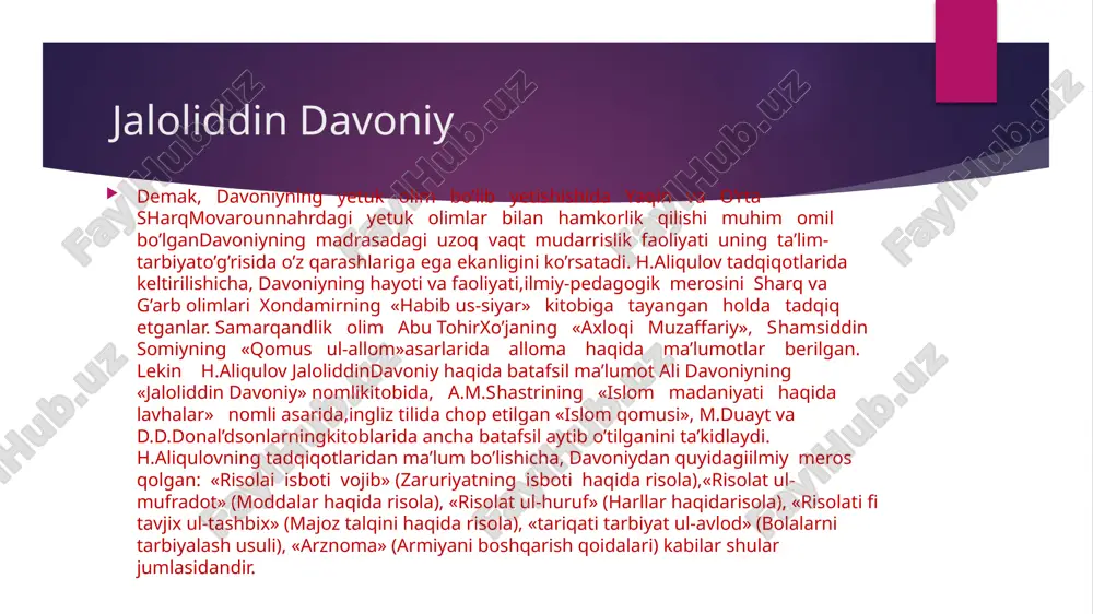 /views/openlesson/download.php/?id=11286 https://hozir.org/mundarija-1-jaloliddin-davoniy-va-uning-axloqi-jaloliy-asari-1.html etiboringiz uchun raxmat !!! jaloliddin davoniy reja jaloliddin davoniy (2) jaloliddin davoniy jaloliddin davoniy (3) asarlari slide 7 asarlari (2) tarbiya foydanilgan adabiyotlar etiboringiz uchun raxmat !!!