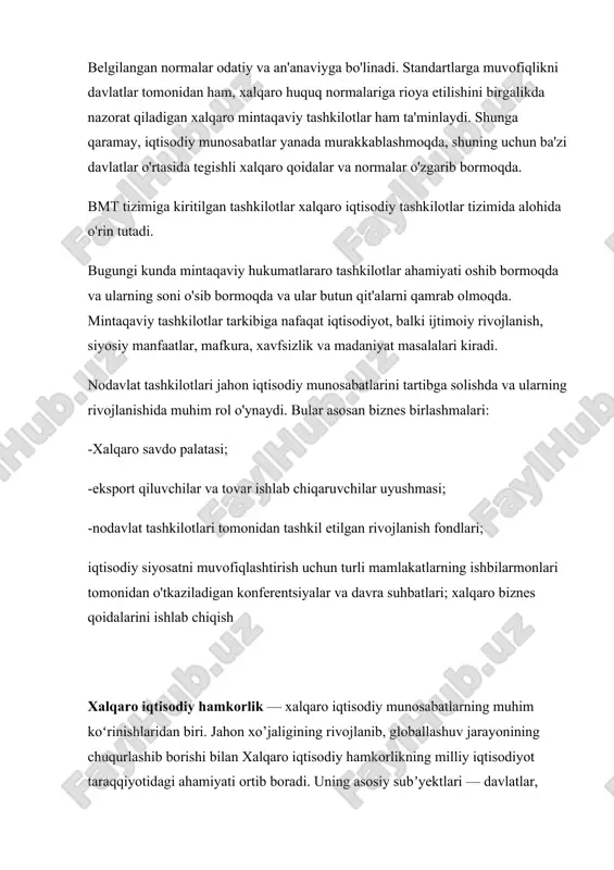 gdek, umumjahon va mintaqaviy tashkilotlar farqlanadi. xalqaro tashkilotlar tashkilot, ittifoq, jamgʻarma, bank, agentlik, markaz va h.k. nomlar bilan ataladi. oʻzbekiston respublikasi 50 dan ortiq nufuzli xalqaro tashkilotlarning teng huquqli aʼzosidir. xalqaro tashkilotlar. birlashgan millatlar tashkiloti (bmt) (1992-yil 2- martda) jahon savdo tashkiloti(jst)(1992-1993 yillar)  ecosan(1993-yil 20-sentabrda)  shanxay hamkorlik tashkiloti(shht)(2001-yil 15-iyun)  osiyo parlament assambleyasi(opa)(2006-yil)  interpol(1994-yildan)  magate(1994-yil 21-yanvardan)  unesco(1993-yil 26-oktabrdan)  unido(1992-yildan)  nato(1994-yil 13-iyuldan)  [nafta](erkin iqtisodiy zona) xalqaro moliya korporatsiyasi, xmk (ifc, international finance corporation) — bmtning ixtisoslashtirilgan muassasasi; jahon banki guruhiga kiradi. 1956 yilda xalkaro tiklanish va tarakkiyot banki (xttb) ning filiali tarzida tashkil etilgan, keyinchalik mustaqil yuridik shaxs. aʼzo davlatlar soni 174 ta (1998). shtabkvartirasi vashingtonda. xmk ning oliy organi — boshqaruvchilar kengashi va direktorat (24 ijrochi direktorlar)ga xttbning boshqaruvchilari va ijrochi direktorlari kiradi va ular xmkda ham tegishli lavozimlarni egallaydilar. xttb prezidenti xmkning ham prezidenti xisoblanadi. xmkning ijrochi vitseprezidenti umumiy boshqaruv va …