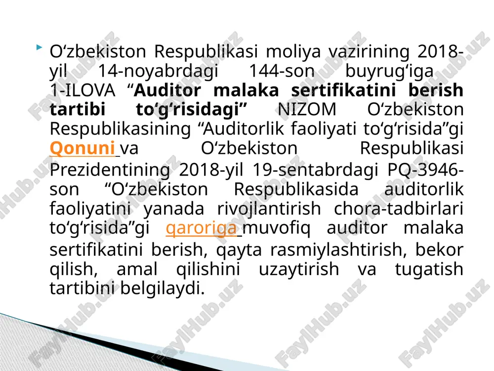 tashkilotlari va auditorlar o'zining muassislari, ishtirokchilari, aktsiyadorlari bo'lgan xo'jalik yurituvchi sub'ektlarga nisbatan; muassisi, ishtirokchisi, aktsiyadori yoki rahbarlik vazifalarini yoxud buxgalteriya hisobi va moliyaviy boshqaruv vazifalarini amalga oshirayotgan shaxsi, audit qo'mitasi a'zosi bir vaqtning o'zida mazkur auditorlik tashkilotining xodimi bo'lgan xo'jalik yurituvchi sub'ektga nisbatan; auditorlik tekshiruvi bilan qamrab olinadigan davrda mazkur xo'jalik yurituvchi sub'ektga turdosh xizmatlarni ko'rsatganlarga; xodimlari muassisning, ishtirokchining yaqin qarindoshlari yoki rahbarlik vazifalarini yoxud buxgalteriya hisobi va moliyaviy boshqaruv vazifalarini amalga oshiruvchi shaxsning tekshirilayotgan xo'jalik yurituvchi sub'ekt audit qo'mitasi a'zosining yaqin qarindoshlari bo'lgan; auditorlik tashkilotining yoki auditorning manfaatdorligi moliyaviy hisobot va u bilan bog'liq moliyaviy axborot to'g'risida fikr bildirishga ta'sir ko'rsatishi mumkin bo'lgan manfaatlar to'qnashuvi yuzaga kelgan taqdirda. auditorlik tashkiloti ketma-ket etti yildan ko'proq ayni bir xo'jalik yurituvchi sub'ektning auditorlik tekshiruvini o'tkazishga haqli emas. etika - shaxs yoki shaxslar guruhining ma'naviy - axloqiy hatti - harakatini belgilab beruvchi qonun-qoidalar tizimidir. auditorlik etikasining asosini mustaqillik, malaka, halollik va xolislik tamoyillari …