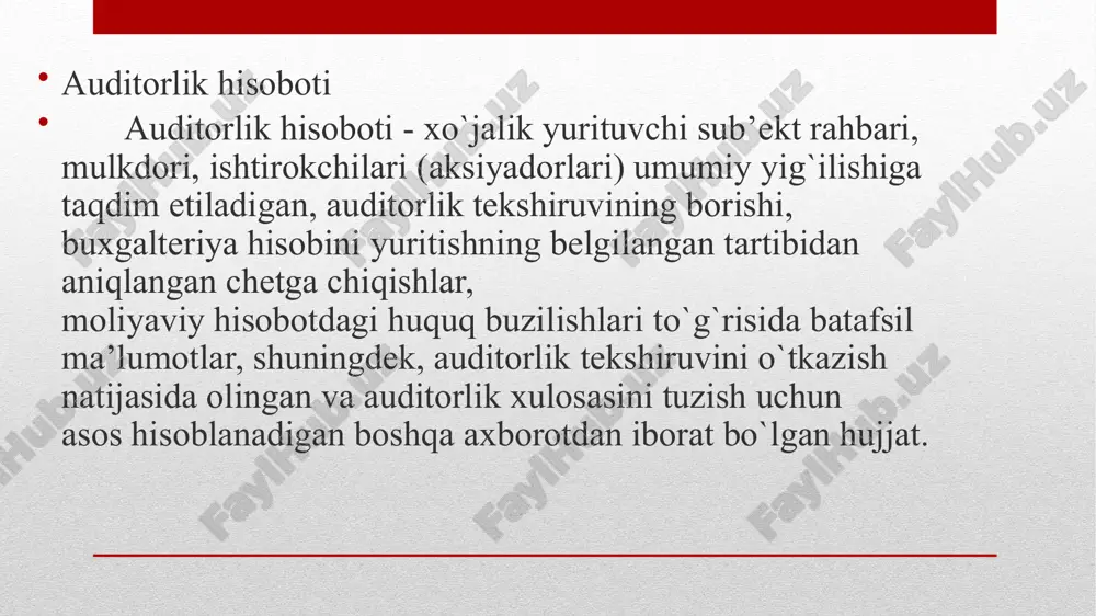ri hamda soliqlar va boshqa majburiy to‘lovlarni hisoblab chiqish tartibi buzilishlarini bartaraf etishi shart. auditor tekshiruvining buyurtmachisi  auditorlik tekshiruvining buyurtmachisi auditorlik tekshiruvi o‘tkazilishini qo‘zg‘atuvchi xo‘jalik yurituvchi sub’ekt, uning mulkdori, shuningdek ustav kapitalida qonun hujjatlarida belgilanganidan kam bo‘lmagan miqdordagi ulushga ega qatnashchilar va aktsiyadorlar, nazorat qiluvchi yoki huquqni muhofaza qiluvchi organlardir.  auditorlik tekshiruvining buyurtmachisi quyidagi huquqlarga ega:  auditorlik tashkilotini mustaqil tanlash;  tashabbus tarzidagi auditorlik tekshiruvi o‘tkazilayotganda auditorlik tekshiruvining yo‘nalishi va hajmini belgilash;  auditorning e’tirozlari asoslanilgan qonun hujjatlarining normalari to‘g‘risidagi zarur axborotni auditorlik tashkilotidan olish; tashabbus tarzidagi auditorlik tekshiruvi tashabbus tarzidagi auditorlik tekshiruvi xo‘jalik yurituvchi sub’ektning yoki boshqa auditorlik tekshiruvi buyurtmachilarining qaroriga binoan, qonun hujjatlarida nazarda tutilgan tartibda o‘tkazilishi mumkin. tashabbus tarzidagi auditorlik tekshiruvining predmeti, muddatlari va boshqa shartlari auditorlik tekshiruvining buyurtmachisi bilan auditorlik tashkiloti o‘rtasida tuziladigan auditorlik tekshiruvini o‘tkazish to‘g‘risidagi shartnomada belgilab qo‘yiladi. nazorat qiluvchi yoki huquqni muhofaza qilish organlarining tashabbusiga ko‘ra auditorlik tekshiruvlarini o‘tkazish auditorlik …