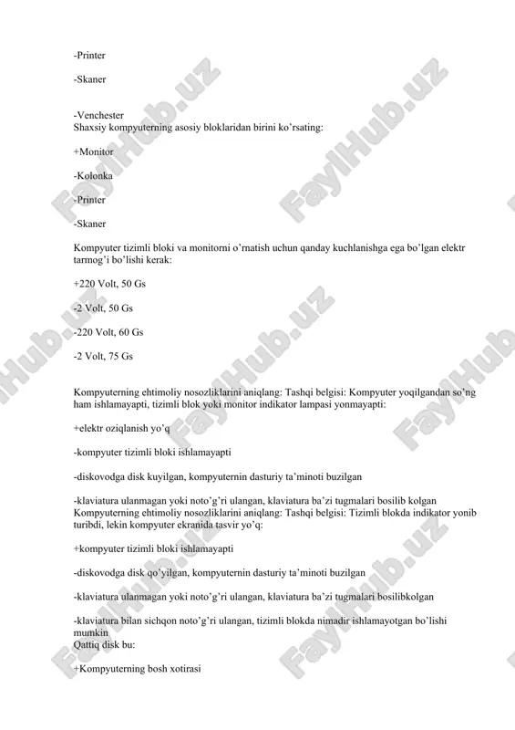 l) tizimga kirish uchun xar bir foydalanuvchidan qanday ma’lumotlar kiritish talab qilinadi: +login va parol -faqat parol -faqat login -ismi sharifi tizimga kirishda foydalanuvchining logini va paroli noto’g’ri kiritilsa qanday jarayon sodir bo’ladi: +login va parolni qaytadan kiritish so’raladi -loginni kiritish qaytadan so’raladi -parolni kiritish qaytadan so’raladi -tizim qayta yuklanadi tizimga kirishda foydalanuvchining logini va paroli to’g’ri kiritilsa qanday jarayon sodir bo’ladi: +tizim yuklanadi va ekranda ish stoli tasviri paydo bo’ladi -tizimga kirgandan so’ng login va parolni yana qayta kiritish so’raladi -foydalanuvchining ismi va sharifini kiritish talab qilinadi -tizim vaqt va sanasini o’rnatish talab qilinadi kompyuter kutish rejimiga o’tganda qanday jarayon sodir bo’ladi: +kompyuterning xotirasiga dasturlarning joriy xolati yozib olinadi, ventilyatorlar o’chiriladi va kompyuter elektr manbani tejash rejimiga o’tadi -kompyuterning xotirasidagi barcha ma’lumotlar o’chiriladi va kompyuter elektr manbaini tejash rejimiga o’tadi -faqatgina kompyuterning monitori (ekran) va ventilyatorlari o’chiriladi -kompyuter qayta yuklanadi va foydalanuvchi aralashuviga qadar tizim yuklanishini kutib turadi nomi, …