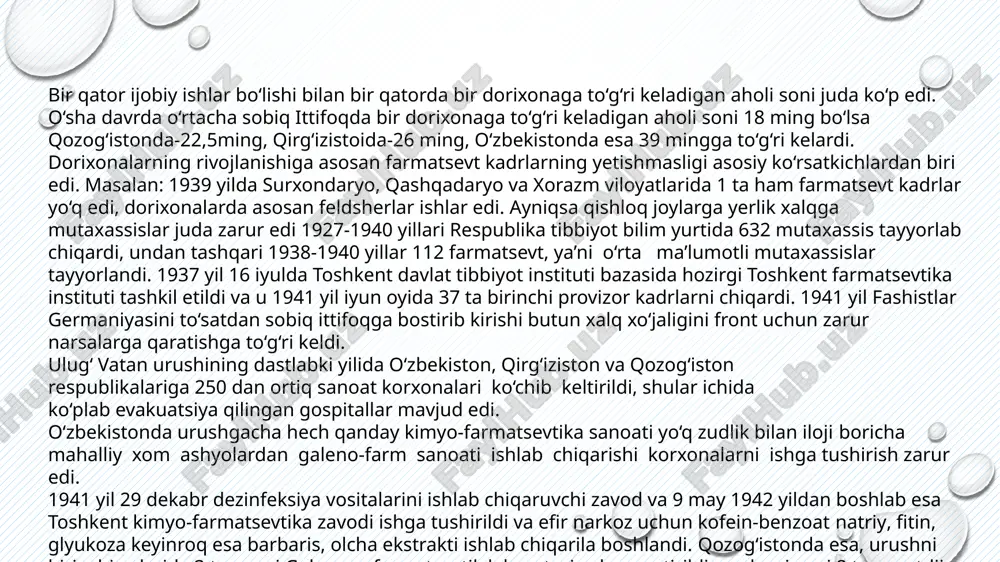 868 yil toshkentda harbiy lazaret ochildi,. keyinchalik harbiy lazaret va gospitallar samarqand, farg‘ona, andijon, namangan. tokmaq, pishpeq, qorako‘l. sergiepol, norip va boshqa shaharlarda ochildi. harbiy lazaretlar qoshida dorixona bo‘lib, ular mahalliy aholiga ham pulga dori sotar edilar o‘sha davrda mahalliy aholi orasida yuqumli kasalliklar: chechak, o‘lat, vabo, sil, zahm, bezgak, rishta, traxoma va boshqa kasalliklarning tarqalishi harbiy qismlarga ham xavf solar edi shu sababli turkiston general-gubernatorligi o‘lkaning yirik shaharlari-toshkent, samarqand va boshqa shaharlarida kasalxonalarni tashkil qilishga malsbur bo‘ldi. 1868 yildan- boshlab har bir uezd-bo‘limda kasallarni qabul qiladigan xonalar ochildi. kasallar qabulxonasida bir nafar shifokor va bir nafar doya ishlar edi. undan tashqari dorixona punkti ham bor edi. bu dorixona punktidan tayyor dorilar asosan pulga, o‘ta kambag‘allarga esa tekinga berilar edi. 1874 yilning may oyida toshkent shahar hokimkyati tomonidan shahar dorixonasi ochildi. dorixonada kambag‘al mahalliy va rus aholisiga dori-darmonlar bepul berilar edi. 1880 yil 25 yanvarda toshkentning ruslar yashaydigan qismida xususiy …