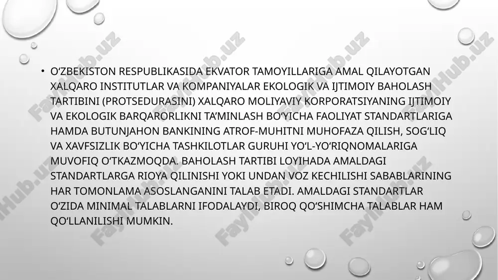 otik tarkibiy qismlar: bular ekotizimda mavjud bo’lgan barcha tirik mavjudotlarni o’z ichiga oladi. ular bakteriyalar, arxeylar, zamburug’lar yoki har qanday o’simlik yoki hayvon, shu jumladan odamlar bo’lishi mumkin. ular hayot bilan elementlar deb aytish bilan umumlashtirilishi mumkin. turlari va xususiyatlari lugares acuaticos keling, dunyoda mavjud bo’lgan keng zarbalardagi turli xil ekotizim turlarini ko’raylik. ularni 4 ta katta guruhga bo’lish mumkin. e’tiboringiz uchun rahmat! image2.png image4.jpeg image5.jpeg image3.png