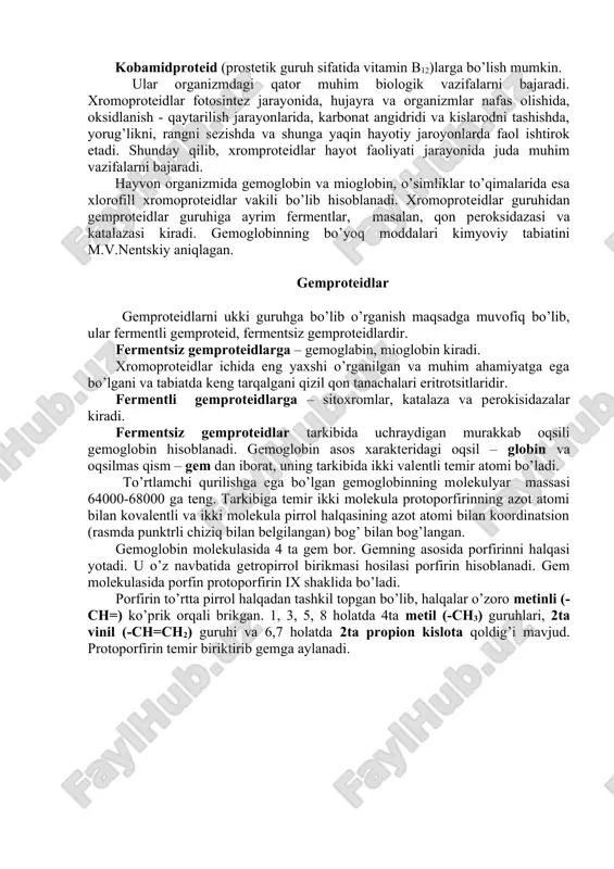 anadi. oqsillar molekulasining shakli va o’lchami. oqsil yuqori molekulali biopolimerlar bo’lib molekulyar massasi bir necha ming va million dalton atrofida bo’ladi. oqsil molekulalarining shakli ultratsentrifugalash, rentgenostruktura analizi asosida yoki elektron mikroskopda aniqlanadi. tekshirishlar shuni ko’rsatdiki oqsil molekulalari har uch o’lchami bo’yicha assimetrik moddalardir. ayrim oqsillar molekulasi globulyar (sharsimon) shaklida, ko’pchiligi esa fibrilyar (ipsimon) holda bo’ladi. masalan: elastin oqsil molekulasini diametri 70 nm bo’lib oval shaklida, gemoglobin oqsilini diametri 220 nm bo’lib ozgina cho’zinchoq shaklda, miozin molekulasini diametri 100 nm bo’lib uzunligi ming angstremga teng. shunday qilib miozin oqsili tolasimon bo’ladi. 2.3. murakkab oqsillar yoki aralash makromolekulalar – proteidlar murakkab oqsillar tarkibi oqsilli qismdan va turli xil birikmalardan iborat oqsilmas – prostetik guruhdan tashkil topadi. proteidlarning nomi prostetik guruhning nomiga bog’liq bo’ladi. ular gidroliz qilinganda aminokislota tabiatiga ega bo’lmagan moddalar ham hosil bo’ladi. murakkab oqsillar o’z navbatida bir necha guruhga bo’linadi. murakkab oqsillar prostetik guruhining tabiatiga qarab quyidagilardan iborat bo’ladi: a) …
