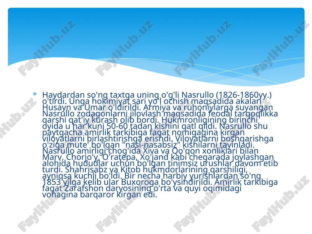 di. lashkar amalda xix asr boshlaridan beri rivojlanmagan, harbiy ish va armiya qurollari o'ta qoloq holatida edi.  lashkarning soni 11 ming sarboz va 200 ofitserdan iborat bo'lib, ular qurol-aslahasi mingta berdanka miltig'i va bir necha to'plardan tashkil topgandi.shunday qilib, bir- biriga qarindosh-urug' bo'lgan amaldorlarning yuki mehnatkash xalq gardaniga tushdi. mamlakat daromadlarining katta qismi davlat ravnaqi va taraqqiyoti xususida kamdan-kam qayg'uruvchi xizmatchilar ulkan miqdoriga sarflanar edi. slide 1 slide 2 slide 3 slide 4 slide 5 slide 6 slide 7 slide 8 slide 9 slide 10 slide 11 slide 12 slide 13 slide 14 slide 15 slide 16 slide 17