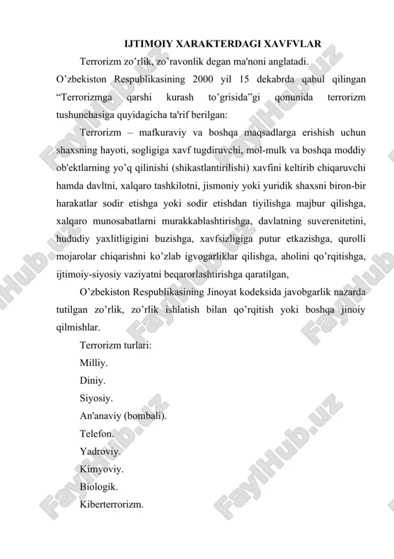 vlat bojxona qo’mitasi, mudofaa va favqulodda vaziyatlar vazirliklari ishtirok etadi. terrorchilik harakatlari bilan bogliq vaziyatga tushib qolganda qanday harakat qilish kerakg garovga tushib qolganda: aslo vahimaga berilmang; “hamma qatori” bo’lishga harakat qiling. ko’zga tashlangan kiyimlardan halos bo’ling, bo’yingiz baland bo’lsa engashing, keskin harakatlar qilmang, terrorchining ko’ziga tik qaramang; atrofingizdagilarni tinchlantirishga harakat qiling, bunda har qanday usuldan, hattoki musht tushirishdan ham foydalanishingiz mumkin; imkon darajasida binoda xavfsizroq joyni aniqlang (oyna, derazalardan uzoqroq va h..k.); iloji boricha yongin vaqtida hayot uchun havfli bo’lgan sun'iy toladan tayyorlangan kiyimlardan xalos bo’ling; ozod bo’lishingizga bo’lgan umidni yo’qotmang; telefon orqali tahdid qilinganda: iloji boricha “suhbat”ni yozib olishga harakat qiling; yozib olish yo’lga qo’yilmagan bo’lsa, suhbatni eslab qolish lozim; qo’ngiroq qiluvchi bilan ko’proq muloqatda bo’lishga harakat qiling, uning yoshi, millati, jinsini taxminan aniqlashga harakat qiling, ovozi, gapirish ohangi, nutqiga e'tibor qarating; qo’ngiroq to’grisida tegishli organlar (mxx, ichki ishlar bo’limi)ga xabar bering, zarur bo’lsa odamlarni evakuatsiya qilishni tashkil …
