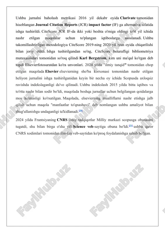 ndan so'ng, citescore betarafligi bibliometriya mutaxassislari tomonidan so'roq qilindi karl bergstrom, kim uni ma'qul ko'rgan deb topdi elsevierfotosuratdan ko'ra unvonlari. 2024 yilda "ilmiy tanqid" tomonidan chop etilgan maqolada elsevier elsevierning sho'ba korxonasi tomonidan nashr etilgan heliyon jurnalini ishga tushirilganidan keyin bir necha oy ichida scopusda axloqsiz ravishda indekslaganligi da'vo qilinadi. ushbu indekslash 2015 yilda bitta iqtibos va to'rtta nashr bilan sodir bo'ldi, maqolada boshqa jurnallar uchun belgilangan qoidalarga mos kelmasligi ko'rsatilgan. maqolada, elsevierning mualliflarni nashr etishga jalb qilish uchun maqola "manfaatlar to'qnashuvi" deb nomlangan ushbu amaliyot bilan shug'ullanishga undaganligi ta'kidlanadi.[20] 2024 yilda frantsiyaning cnrs ilmiy tadqiqotlar milliy markazi scopusga obunasini tugatdi, shu bilan birga o'sha yili science veb-saytiga obuna bo'ldi.[21] ushbu qaror cnrs xodimlari tomonidan ilm-fan veb-saytidan ko'proq foydalanishga sabab bo'lgan. web of science web of science — 1997-yilda clarivate analytics kompaniyasi tomonidan yaratilgan ilmiy-tadqiqot platformasi bo‘lib, u bir nechta ilmiy adabiyotlar va patentlar bazalarini birlashtiradi. u 21 mingdan ortiq …