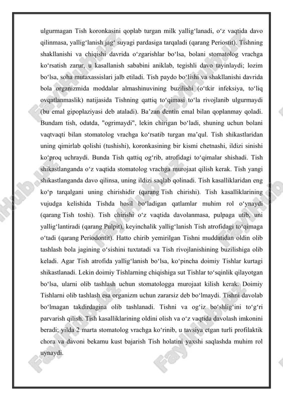 lab boʻlmagan takdirdagina olib tashlanadi. tish chirishidan tashqari flyuoroz, tishning patologik siyqalanishi va gipersteziyasi (sezuvchanligi ortishi) kabi kasalliklari ham uchraydi. tish flyuorozi ichiladigan suvda ftor miqdori ortib ketishi bilan boglik, boʻlib, uning oldini olish uchun suv ftorsizlantiriladi. tishni va ogʻiz boʻshligʻini toʻgʻri parvarish qilish tish kasalliklarining oldini olish va oʻz vaqtida davolash imkonini beradi; yilda 2 marta stomatolog vrachga koʻrinib, u tavsiya etgan turli profilaktik chora va davoni bekamu kust bajarish tish holatini yaxshi saqlashda muhim rol uynaydi. chirigan sut tishlarni erta olib tashlash yoki doimiy tish kurtagining sut tish atrofidagi yalligʻlanish oqibatida irib, yoʻqolib ketishi sabab boʻladi. baʼzan "ortiqcha" tish chiqadi yoki zich joylashib qoladi, koʻpincha markaziy kesuvchi tish orasida katta oraliq — diastema boʻladi; agar tish oʻrni boʻlmasa tishlar oʻz qatori tashqarisidan chiqadi.tishning juda. erta yoki kech chiqishi tish chiqishi buzilganligidan darak beradi. tishning kech chiqishi koʻproq nimjon (meʼdaichak funksiyasi buzilgan, zotiljam, raxit boʻlgan) bolalarda kuzatiladi. koʻpincha jagʻ …