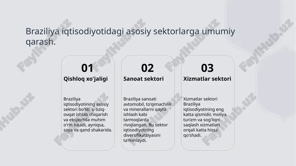 'sishni qo'llab-quvvatlaydi. oʻzbekiston va braziliya: iqtisodiy o'sish ko'rsatkichlari taqqoslanishi. 01 oʻzbekiston iqtisodiyoti oʻzbekiston iqtisodiyoti 2022-yilda 5.8% o'sdi. bu o'sish sanoat, qishloq xo'jaligi va xizmatlar sektorlaridagi rivojlanish natijasi. 02 braziliya iqtisodiyoti braziliya 2022-yilda iqtisodiy o'sish ko'rsatkichi 3.0% ga yetdi. o'sish asosan qishloq xo'jaligi va eksportning oshishi bilan bog'liq. 03 taqqoslash natijalari oʻzbekiston va braziliya o'rtasidagi iqtisodiy o'sish farqlari, oʻzbekistonning yuqori o'sish sur'atlari va braziliyaning barqaror o'sishini ko'rsatadi. iqtisodiy rivojlanish: braziliyada va oʻzbekistonda yangi imkoniyatlar. braziliyada yangi sektorlar oʻzbekistonda innovatsiyalar xalqaro hamkorlik braziliya, qishloq xoʻjaligidan tashqari, texnologiya va xizmatlar sohalarida yangi imkoniyatlarni rivojlantirmoqda, bu iqtisodiy o'sishni ta'minlaydi. oʻzbekistonda innovatsion iqtisodiyotga o'tish jarayoni davom etmoqda. raqamli texnologiyalar va startaplar yangi ish o'rinlari va iqtisodiy o'sishga olib keladi. har ikki mamlakatda xalqaro hamkorlikni kuchaytirish, savdo va investitsiyalarni oshirish orqali iqtisodiy imkoniyatlar kengaymoqda, bu global iqtisodiyotga integratsiyani kuchaytiradi. yalpi ichki mahsulot: braziliya va oʻzbekiston statistikasi tahlili. 01 yim statistikasi braziliya va oʻzbekistonning yalpi ichki mahsuloti …