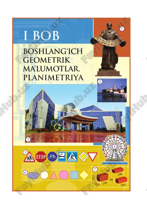 ..... 156 i bob boshlang‘ich geometrik ma’lumotlar. planimetriya 1 3 6 90 240 120 120 240 240 60 40 7 5 2 4 1 2 3 4 5 6 7 6 geometriyaga oid dastlabki tushunchalar bundan 4#5 ming yil muqaddam qadimgi misrda paydo bo4lgan. o4sha kezlarda nil daryosining suvi har yili toshib, ekin maydonlarini yuvib turgan. shuning uchun, ekinzorlarni qayta taqsimlash va soliq miqdorini aniqlash uchun bu maydonlarda belgilash va o4lchash ishlarini bajarishga to4g4ri kelgan (1-rasm). qadimgi yunon olimlari yer o4lchash usullarini misrliklardan o4rganib, uni geometriya deb ataganlar. œgeometriyab yunon- cha so4z bo4lib, œgeob # yer, œmetriob # o4lchash degan ma’noni anglatuvchi qismlardan tuzilgan. mil. avv. vii#vi asrlarda qadimgi xorazmda ham misrdagi kabi amudaryoning quyi qismida yer o4lchash ishlari bajarilgan. geometriyaga oid dastlabki tushunchalar qadimgi bobilda ham bo4lgan. xususan, tarix- chilar pifagor teoremasi bobilda topilgan deb hisoblashadi. qadimgi yunon olimi evklid o4sha paytgacha ma’lum bo4lgan barcha geometrik tushuncha va xossalarni …