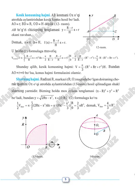 0) va (0;4) nuqtalar orqali o‘tuvchi to‘g‘ri chiziq bilan chegaralangan shakl yuzini toping. 52. f (x)=2x – 2 funksiya grafigi va uning f (0)=1 shartni qanoatlanti ruvchi boshlang‘ich funksiyasi bilan chegaralangan shakl yuzini toping. quyidagi chiziqlar bilan chegaralangan shakl yuzini toping. mos rasm chizing (53–54): 53. 1) 2 ,y x= 21 ;y x= − 2) 1 ,y x = 0,y = 1,x = 4;x = 3) 2 2 ,y x x= − 24 ;y x= − 4) 1 ,y x = 0,y = 1,x = ( 1).x a a= > 54. 1) 2 , 3 xy = 224 ; 3 y x= − 2) 2 ,y x= 22y x= 2y = ; 3) 2 ,y x= 2 , 2 xy = y=2x; 4) 1 ,y x = 2 ,y x= 2 . 2 xy = 55. sin ,y x= x∈[0; p], funksiya grafigining ox o‘qi atrofida aylanishidan hosil bo‘lgan jism …