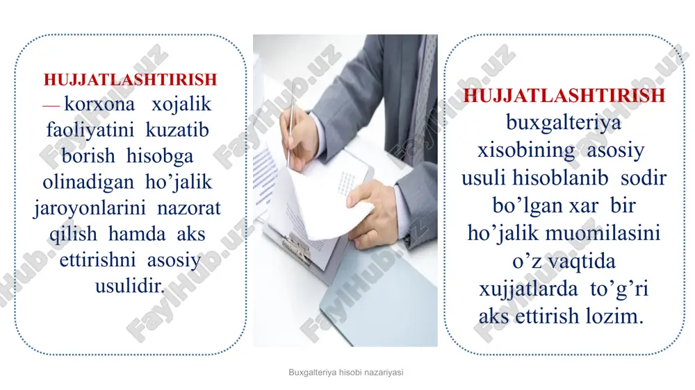 teriya hisobi nazariyasi tekshiruvdan o‘tgan boshlang‘ich hujjatlar ularning qayta qo‘llanilishini istisno etuvchi belgiga ega bo‘lishi lozim: qo‘l yordamida ishlovdan o‘tkazilganda — hisob registriga yozilgan sanani ko‘rsatish orqali; texnik vositalar hamda axborot texnologiyalardan foydalangan holda ishlovdan o‘tkazilganda ishlovdan o‘tkazish bo‘yicha mas’ul operator shtampini qo‘yish orqali. buxgalteriya xujjatlaridagi xatolarini tuzatish usulari korrektura qizil yozuv qo`shimcha yozuv buxgalteriya hisobi nazariyasi hujjat aylanishini tashkil etish tartibi korxona buxgalteriya hisobida hujjatlarning harakati grafik bilan tartibga solinadi. har bir boshlang‘ich hujjatning harakati bo‘yicha ijro etuvchilarning maqbul sonini nazarda tutishi, hujjatning bo‘linmada eng kam muddatda bo‘lishini belgilashi lozim. korxonaning har bir bo‘linmasi, shuningdek barcha ijro etuvchilar tomonidan hujjatlarni tuzish, tekshirish va ularga ishlov berish bo‘yicha bajariladigan ishlarning sxemasi yoki ro‘yxati ko‘rinishida rasmiylashtiriladi. buxgalteriya hisobi nazariyasi hujjat-ning nomi hujjatni tuzish hujjatni tekshirish hujjatni ishlash arxivga topshirish nusxa soni chiqarishga mas'ul rasmiylashtirishga mas'ul bajarishga mas'ul bajarish muddati tekshirishga mas'ul kim taqdim etadi taqdim etish tartibi taqdim etish muddati kim …