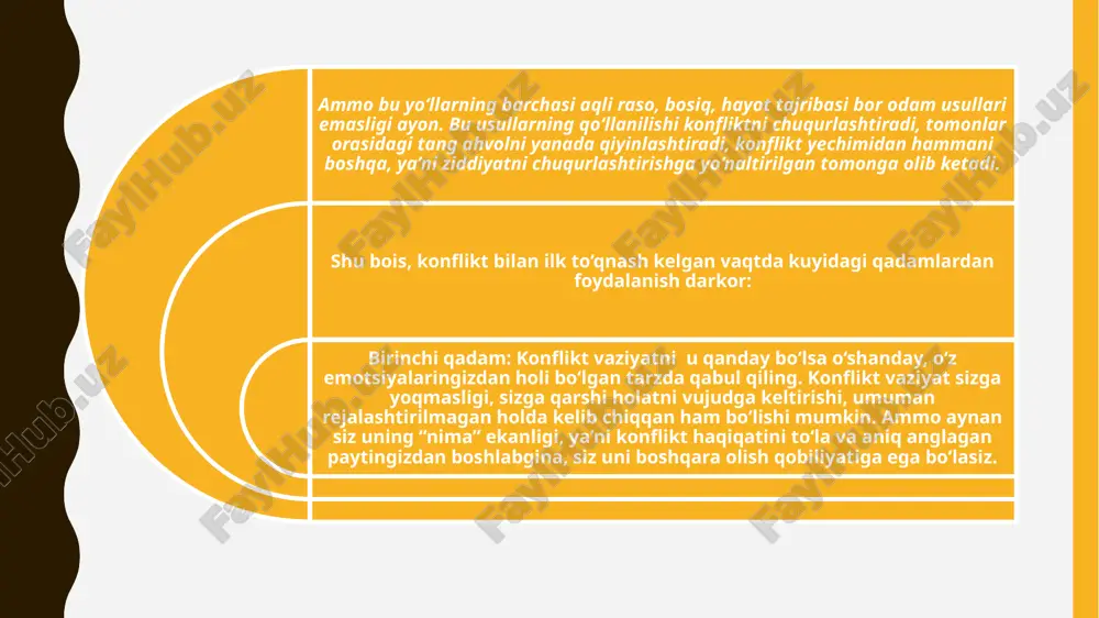rni ijodiy o’zlashtirish uchun xarakatlantiruvchi kuchdir. o'qituvchi va o'quvchi o'rtasidagi samimiyatsizlik: o'qituvchi va o'quvchi o'rtasidagi samimiyatsizlik, adashmaslik, yoki ishonchsizlik muammolarga olib kelishi mumkin. o'qituvchi va o'quvchi o'rtasidagi tajribalar: o'qituvchi va o'quvchi o'rtasidagi avvalgi tajribalar, negativ tajribalar, yoki oldingi munosabatlarning qismlarini ko'tarib chiqishi muammolarga olib kelishi mumkin. muammoli vaziyatning belgilari talabaga notanish faktning mavjud bo’lishi; vazifalarni bajarish uchun talabaga berilidigan ko’rsatmalar, yuzaga kelgan bilish mashakkatini xal kilishda ularning shaxsiy manfaatdoligi. saidaxmedov n “yangi pedagogik texnologiyalar” -t:2003 n.n.azizxo’jayeva. pedagogik texnologiya va pedagogik mahorat. – t.: tdpu, 2003. foydalanilgan adabiyotlar: saidaxmedov n “yangi pedagogik texnologiyalar” -t:2003 n.n.azizxo’jayeva. pedagogik texnologiya va pedagogik mahorat. – t.: tdpu, 2003. foydalanilgan adabiyotlar: e’tiboringiz uchun raxmat konfliktlar psixoligiyasining muommolari va predmetlari reja: konflikt yechimini topishdagi munosabat. slide 4 slide 5 slide 6 konfliktni anglash obyektiv faktlarni tan olish demakdir slide 8 slide 9 slide 10 slide 11 slide 12 slide 13 slide 14 slide 15 slide 16 slide …