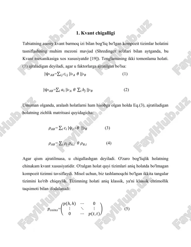 qutblanish analizatoriga, so‘ngra qutblanishni qayd qiluvchi bir juft detektorga yuboradi. analizatorlarni turli 𝜃𝐴′ , 𝜃𝐵′ burchaklariga aylantirish mumkin, shunday qilib aniqlash boshqa asosda sodir bo'ladi. ‹𝐼𝐴,𝐵 ± › |ψ› ma'lum qutblanishdagi fotonlarni aniqlash ehtimoliga mos keladigan detektorlar tomonidan o'lchanadigan intensivlik va ikkinchi tartibli korrelyatsiya funktsiyalari ‹𝐼𝐴 ±𝐼𝐵 ±› |ψ› berilganda, analizatorlar tomonidan kutilgan qutblanishlarning kutilgan qiymati 𝜃𝐴 , 𝜃𝐵 burchaklar o'rnatilgan. e(𝜃𝐴, 𝜃𝐵) = ‹(𝐼𝐵 +−𝐼𝐴 +)(𝐼𝐵 −−𝐼𝐴 −)› |ψ› ‹(𝐼𝐵 ++𝐼𝐴 +)(𝐼𝐵 −+𝐼𝐴 −)› |ψ› (6) chsh deb ataladigan shakldagi bell tengsizligi quyidagicha: b = |e(𝜃𝐴, 𝜃𝐵) – e(𝜃𝐴, 𝜃𝐵′) + e(𝜃𝐴′, 𝜃𝐵′) + e(𝜃𝐴′, 𝜃𝐵) | ≤2. (7) intensivlik va korrelyatsiya funktsiyalarining to'g'ridan-to'g'ri hisob-kitoblaridan so'ng e(𝜃𝐴, 𝜃𝐵) = cos 2(𝜃𝐴 − 𝜃𝐵), (8) va misolda berilgan cheklovlar shuni anglatadi b= |3cos 2(𝜃𝐴 − 𝜃𝐵) - cos6(𝜃𝐴 − 𝜃𝐵)|. (9) (𝜃𝐴 − 𝜃𝐵) = α, bizda b = |3cos2α - cos6α| bor. b v α ning mazmuni 1-rasmda tasvirlangan …