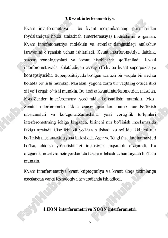 ki nur bo’luvchi vosita yordamida ikkita nirga bo’linadi. ikki bo’lingan nur alohida yo’llar bo’ylab harakatlanadi. har bir yo’lda odatda nurni nur bo’luvchiga qaytaradigan oyna mavjud. faza modulyatsiyasi (ixtiyoriy): ba’zi hollarda, yo’llardan birida boshqariladigan faza siljishini kiritib, sozlanishi mumkin bo’lgan faza modulyatori bo’lishi mumkin. nur birlashtiruvchi: oynalarda aks etgan ikkita nur ikkinchi nur bo’luvchida birlashtiriladi. bu nur bo’luvchi birinchisiga o’xshash. interferensiya naqshi: birlashtirilgan nurlar bir-biri bilan interferensiya hosil qiladi. interferensiya naqshi ikki nur oqimi orasidagi faza farqiga bog’liq. 10 chiqish: birlashtirilgan nurlar bir-birini kuchaytirishi (konstuktiv interferensiya) yoki bir-birini o’chirishlari (destruktiv interferensiya) mumkin bo’lgan chiqishda interferensiya naqshi kuzatiladi. yo’l uzunligini sozlash yoki yo’llardan biriga faza siljishini kiritish orqali inyerferensiya manipulatsiya qilish mumkin, bu max-zender interferometrini kichik siljishlarini o’lchash, optik komponentlarni sinovdan o’tkazish va kvant axborotini qayta ishlash kabi turli xil ilovalar uchun ko’p qirrali vositaga aylantiradi. michelson-morley interferometi : michelson-morley interferometri – bu yorug’lik to’lqinlarining tarqalish muhitini aniqlash uchun mo’ljallangan optik qurilma. …