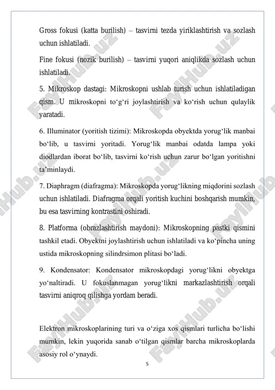 ning natijasida tunnel oqimi paydo bo'ladi. bunday holda, kuzatuvchi o'rganilayotgan ob'ektning uch o'lchovli tasvirini oladi. elektron mikroskop biologik va biologik bo'lmagan namunalarning yuqori aniqlikdagi tasvirlarini olish uchun ishlatiladi. u to'qimalar, hujayralar, organellalar va makromolekulyar komplekslarning tuzilishini batafsil o'rganish uchun ishlatiladi va ko'pincha sifatni nazorat qilish va nosozliklarni tahlil qilish uchun ishlatiladi. bunday holda, kuzatuvchi o'rganilayotgan ob'ektning uch o'lchovli tasvirini oladi. elektron mikroskop biologik va biologik bo'lmagan namunalarning yuqori aniqlikdagi tasvirlarini olish uchun ishlatiladi. u to'qimalar, hujayralar, organellalar va makromolekulyar komplekslarning tuzilishini batafsil o'rganish uchun ishlatiladi va ko'pincha sifatni nazorat qilish va nosozliklarni tahlil qilish uchun ishlatiladi. barcha elektron mikroskoplar elektromagnit yoki elektrostatik linzalar sifatida trubaning tashqi tomoniga (odatda solenoid deb ataladi) o'ralgan simdan iborat bo'lakdan foydalanadi. em dagi ruxsat radiatsiya to'lqin uzunligiga bog'liq, nurlanish qanchalik kichik bo'lsa, aniqlik katta bo'ladi. elektron mikroskoplari mikroorganizmlar, hujayralar, yirik molekulalar, biopsiya namunalari, metallar va kristallarni o'z ichiga olgan biologik va noorganik namunalarning keng doirasini …