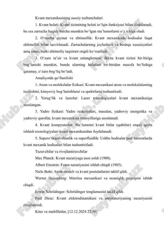 erlar: ma’lumotni kvant bitlar (qubitlar) orqali qayta ishlash texnologiyalari kvant mexanikasidan foydalanadi. 5. supero‘tkazuvchanlik va superfluidlik: ushbu hodisalar past haroratlarda kvant mexanik hodisalari bilan tushuntiriladi. tuzuvchilar va rivojlantiruvchilar max planck: kvant nazariyaga asos soldi (1900). albert einstein: foton nazariyasini ishlab chiqdi (1905). niels bohr: atom modeli va kvant postulatlarini taklif qildi. werner heisenberg: matritsa mexanikasi va noaniqlik prinsipini ishlab chiqdi. erwin schrödinger: schrödinger tenglamasini taklif qildi. paul dirac: kvant elektrodinamikasi va antimateriyaning nazariyasini rivojlantirdi. kino va multfilmlar, [12.12.2024 22:56] falsafiy muammolar schrödinger mushugi tajribasi faqat ilmiy emas, balki falsafiy savollarni ham o‘rtaga qo‘yadi: 1. reallikning tabiati mushuk haqiqatda o‘lganmi yoki tirikmi, yoki u faqat biz o‘lchash qilmaguncha noaniq holatdami? bu savol kvant mexanikasi asosidagi reallikning obyektivligiga bo‘lgan munosabatni sinovdan o‘tkazadi 2. kopenhagen interpretatsiyasi ushbu interpretatsiyaga ko‘ra, kvant tizimlari faqat o‘lchash momentida aniqlanadi. mushukni o‘lchashgacha "tirik va o‘lgan holatlarda bir vaqtning o‘zida" deb qaraladi. 3. ko‘p dunyo interpretatsiyasi hugh everettning ko‘p …