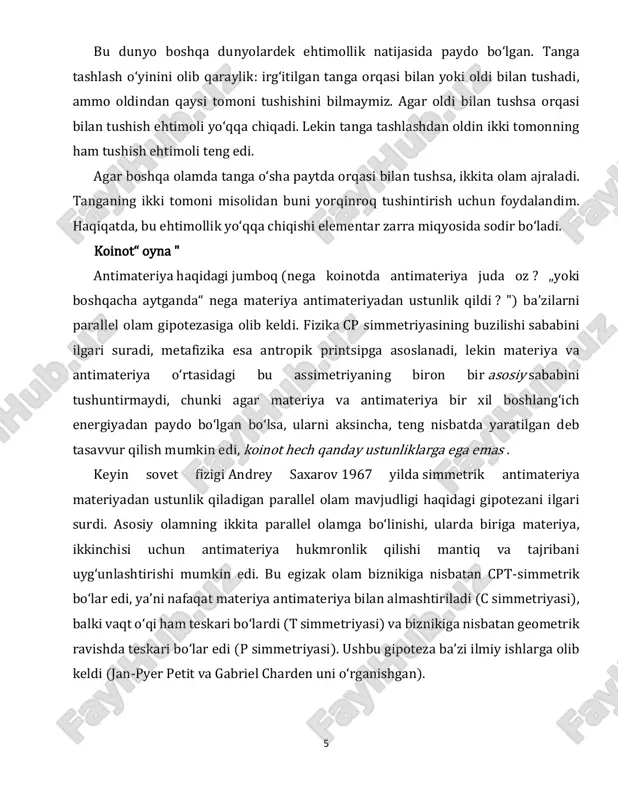 larida, ayniqsa oʻlchov muammosi bilan bogʻliq vaziyatlarda namoyon boʻladi . shrodinger mushugi: mushuk, zaharli idish va radioaktiv manba muhrlangan qutiga joylashtiriladi. agar ichki monitor (masalan, geiger hisoblagichi) radioaktivlikni aniqlasa (yaʼni, bitta atomning parchalanishi), kolba parchalanib, mushukni oʻldiradigan zaharni chiqaradi. kvant mexanikasining kopengagen talqini, bir muncha vaqt oʻtgach, mushuk bir vaqtning oʻzida ham tirik va ham oʻlik ekanligini anglatadi. shunga qaramay, qutiga qaragan odam ham tirik, ham oʻlik mushukni emas, balki mushukni yo tirik yo oʻlik holda koʻradi . bu kvant superpozitsiyasi qachon tugaydi va haqiqat u yoki bu imkoniyatga aylanadi degan savol tugʻiladi. kelib chiqishi va tajriba maqsadi https://uz.wikipedia.org/w/index.php?title=ervin_shrodinger&action=edit&redlink=1 https://uz.wikipedia.org/wiki/albert_eynshteyn https://uz.wikipedia.org/wiki/albert_eynshteyn https://uz.wikipedia.org/wiki/kvant_mexanikasi 8 shrodinger o‘zining fikrlash tajribasini 1935 -yilda uning mualliflari eynshteyn , podolskiy va rozen nomi bilan atalgan epr maqolasini muhokama qilish sifatida maqsad qilgan. epr maqolasi kvant superpozitsiyalarining intuitiv tabiatini taʼkidlab o‘tgan . atom yoki foton sifatida turli mumkin boʻlgan natijalarga mos keladigan bir nechta holatlarning kombinatsiyasi sifatida …