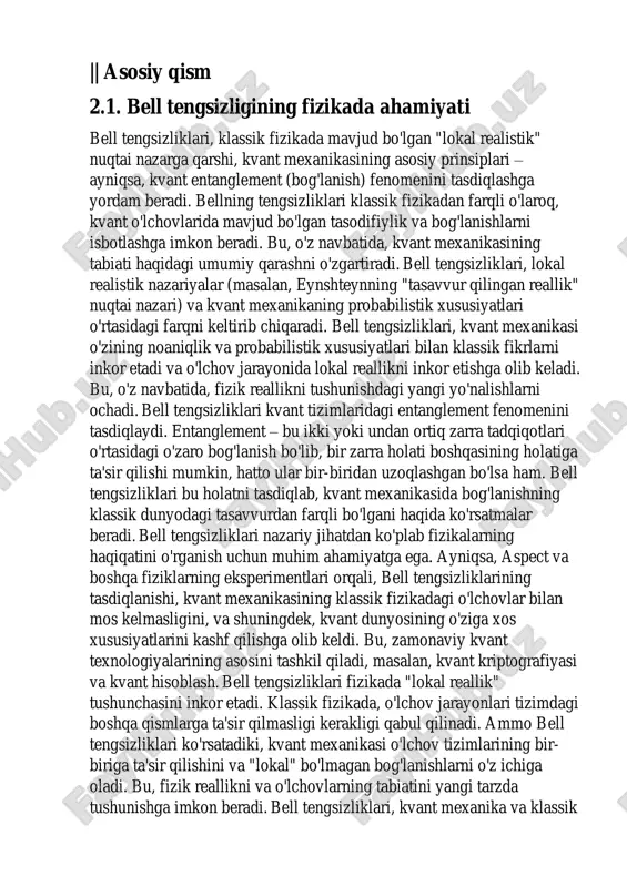 gi kvant holatlari yig'ilganda.masalan, atomlar ko'proq energiyaga ega bo'lganda yoki tizimning o'lchami katta bo'lganda, kvant mexanikasining hisob-kitoblari klassik mexanikaga yaqinlashadi. bu holatda, atomlarni tavsiflovchi kvant mexanikasi tizimi klassik mexanikadan farq qilmasligi mumkin. kvant mexanika va klassik mexanikaning moslashuvi:agar kvant mexanikasining matematik formulalarini makroskopik tizimlarga qo'llasak, unda noaniqlik va ehtimollar juda kichik bo'ladi, shuning uchun klassik mexanikadagi natijalar bilan deyarli bir xil bo'ladi. boshqacha aytganda, kvant mexanika mikro dunyoda hukmronlik qilsa, klassik mexanika makroskopik dunyo uchun ko'proq ishlatiladi. ||| xulosa klassik fizikada, agar tizimning har bir qismi lokal bo'lsa, ya'ni ular faqat o'zaro yaqin masofalarda o'zaro ta'sir qilsa, u holda fizik hodisalar uchun maxsus tengsizliklar mavjud. bell bu tengsizliklarni ishlab chiqdi va ular yordamida, agar kvant mexanikasi to'g'ri bo'lsa, u holda tabiiy dunyoning cheklangan lokal reallik tamoyillariga mos kelmasligini ko'rsatdi. bell tengsizliklari kvant mexanikasida lokal reallik nazariyasiga zid ekanligini ko'rsatadi, ya'ni kvant tizimlari o'zaro masofalaridan qat'i nazar tezda ta'sir o'tkazishlari mumkin …