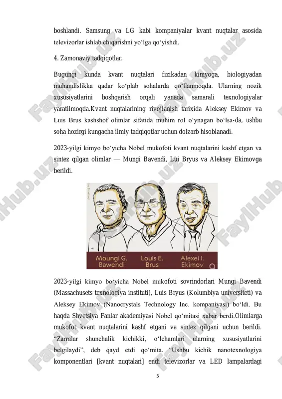 arayonining muvaffaqiyatli bo‘lishi uchun cqdsning yuqori samarali foton chiqarish qobiliyati va termal stabilligi zarur.bularning barchasi optik va fotoniksiz texnologiyalarida ishlatiladigan materiallar va jarayonlardir, ular optik lazerlar va mikrolazerlar ishlab chiqarish uchun muhimdir. 4. stabilizatsiya: kolloid eritmada zarrachalar aglomeratsiyasini oldini olish uchun stabilizatorlar (masalan, organik ligandlar, polimerlar) qo‘shiladi. harorat: kolloid sintez ko‘pincha yuqori haroratda amalga oshiriladi, chunki bu nukleatsiya va o‘sish jarayonini tezlashtiradi. reagentlarning konsentratsiyasi: konsentratsiya zarrachalarning o‘lchamini va bir hil bo‘lishini ta’minlashda muhim rol o‘ynaydi. reaksiya muhitining tabiati: suvli yoki organik erituvchilar ishlatilishi mumkin, bu zarrachalarning xossalariga ta’sir qiladi. afzalliklari 1. katta nazorat: zarrachalarning o‘lchami va shaklini aniq nazorat qilish imkoniyati mavjud. 2. oddiy apparat talab qilinadi: maxsus texnologik qurilmalarsiz bajarilishi mumkin. 3. ko‘p qirrali bo‘lishi: turli materiallar (masalan, cdse, zns, pbs va boshqalar) uchun moslashuvchan. 9 kamchiliklari.1. prekursorlarning yuqori sof bo‘lishini talab qiladi.2. ba’zi hollarda toksik reagentlar ishlatiladi.3. sanoat darajasida ishlab chiqarishda yuqori xarajatlar talab qilinishi mumkin.kolloid sintez usuli …