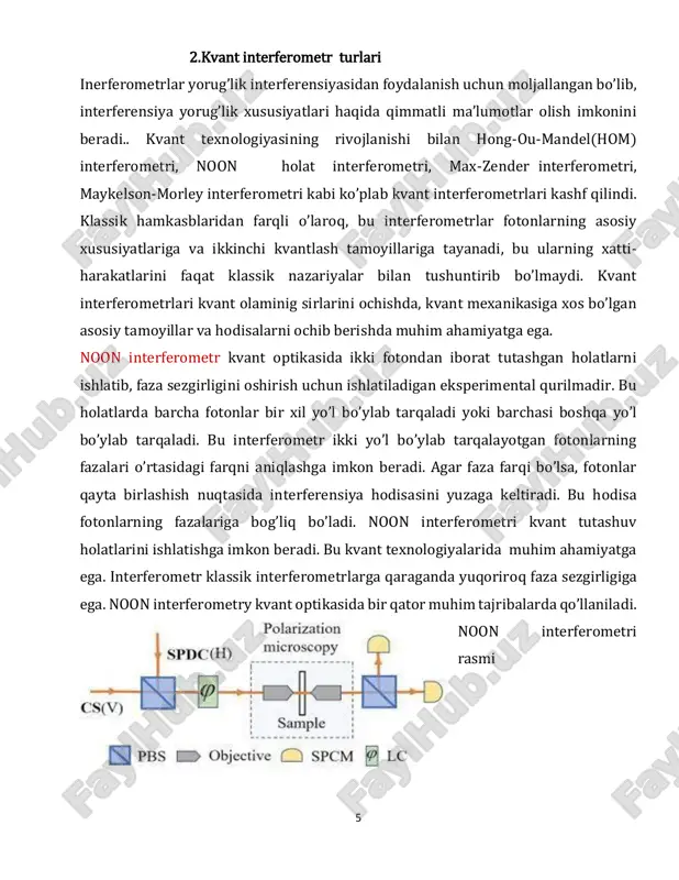 kvant axborotini qayta ishlash kabi turli xil ilovalar uchun ko’p qirrali vositaga aylantiradi. michelson-morley interferometi : michelson-morley interferometri – bu yorug’lik to’lqinlarining tarqalish muhitini aniqlash uchun mo’ljallangan optik qurilma. u xix-asr oxirida amerikalik fiziklar albert michelson va edvard morley tomonidan ishlab chiqilgan va amalga oshirilgan. nur bo’luvchi: kiruvchi nur oqimi yarim shaffof oyna yordamida ikkita nurga bo’linadi. yo’llar: ikki bolingan nur alohida yo’llar bo’ylab harakatlanadi. har bir yo’lda odatda nurni nur bo’luvchiga qaytaradigan oyna mavjud. nur birlashtiruvchi: oynalarda aks etgan ikkita nur ikkinchi nur bo’luvchida birlashtiriladi. bu nur bo’luvchi birinchisiga o’xshashdir. interferensiya naqshi: birlashtirilgan nurlar bir- biri bilan interferensiya qiladi. interferensiya naqshi ikki nur oqimi orasidagi fazalar farqiga bog’liq. 8 chiqish: birlashtirilgan nurlar bir-birini kuchaytirishi (konstuktiv interferensiya) yoki bir-birini o’chirishlari (destruktiv interferensiya) mumkin bo’lgan chiqishda interferensiya naqshi kuzatiladi. michelson-morley yerning harakatlanish tezligini o’lchash uchun interferometrni ishlatishdi. ular yerning harakatlanish yo’nalishi bo’ylab va unga perpendikulyar yo’nalishda yorug’lik tezligini taqqoslashni rejalashtirishgan. agar …