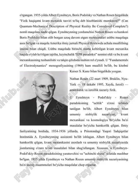 t uning to'liqligi. ular shuni ko'rsatdiki, agar biz mahalliy realizm deb ataydigan farazlar to'plami tasdiqlansa, kvant mexanikasi to'liq bo'lmasligi kerak. bellning keyingi faoliyati tufayli biz endi epr bilmagan narsani bilamiz: mahalliy realizm, "ko'pchilik ishlaydigan olimlarning real falsafasi" (klauzer va shimoni (1978)) o'zi so'roq ostida. shunday qilib, epr taklifining eksperimental amalga oshirilishi kvant nolokalligi bilan chambarchas bog'liq bo'lgan chalkashlik turini namoyish qilish usulini beradi. ular tomonidan nazarda tutilgan mahalliy realistik nazariya mavjud bo'lmasligi ma'nosida epr "noto'g'ri" edi. biroq, epr o'z maqolalarida aniqlagan narsa mahalliy realizm va kvant mexanikasining to'liqligi o'rtasidagi nomuvofiqlik edi. shunday qilib, biz ushbu binolardan kamida bittasini tark etishimiz kerak. bu aqlli, tushunarli va to'g'ri edi. shuning uchun epr qog'ozi kvant mexanikasini miqdoriy ma'noda klassik voqelikdan to'liq nazariya sifatida ajratish usulini taqdim etadi. epr argumentining xulosalari faqat zarrachalarning pozitsiyalari va momentlari o'rtasidagi ma'lum korrelyatsiyalar eksperimental tarzda tasdiqlanishi mumkin bo'lgan taqdirdagina tuzilishi mumkin. epr ishi, bellning ishiga o'xshab, eksperimental namoyishni …