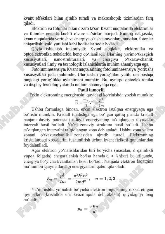 huntirib bergan edi. ushbu elektron orbitalariga 1, 2, yoki, 3 butun son tarzidagi raqamlar biriktirilgan bo‘lib, uni asosiy kvant soni deyiladi. ushbu model eng sodda kimyoviy element bo‘lmish vodorod uchun o‘rinli bo‘lib, boshqa, murakkabroq tuzilishga ega bo‘lgan elementlar atomi uchun modelni qo‘llashda, mazkur elementlarning atomlari spektrlarida ko‘zga tashlanadigan qo‘shimcha to‘lqin uzunliklarini e’tiborga olmaslikka to‘g‘ri keladi. 1915-yilda aqsh fizigi arnold zommerfeld tomonidan, spektrdagi o‘sha chiziqlarning tarqalish xarakteriga ham muayyan aniq bir son qiymati mos kelishi aniqlandi. ushbu son qiymatiga olimlar «nozik struktura doimiysi» deb nom berishgan. magnit maydonida elektronlar ham o‘zini mitti magnitchalar singari tutadi; bundan tashqari, elektronlar spinga ham ega bo‘ladi. shu sababli ham fiziklar uchinchi va to‘rtinchi kvant sonlarini kiritishgan. har bir elektronning energiyasi ushbu to‘rt kvant soni bilan https://uz.wikipedia.org/wiki/energiya belgilanadi. o‘sha, 1915-yilning o‘zida nemis fizigi volfgang pauli, bir xil kvant soniga ega bo‘lgan elektronlarning aynan bitta orbitada aylanishi mumkin emasligini ham isbotlab berdi. ushbu qonuniyatni fanda pauli tamoyili …