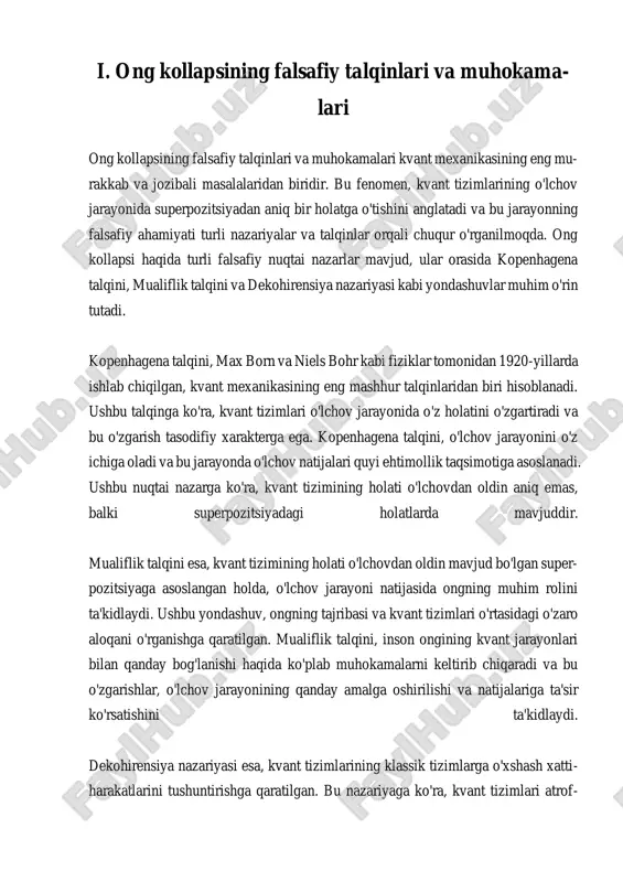 r- pozitsiya kollapsga uchraydi va zarning o'lchangan qiymati faqat bitta raqamga ayla- nadi. kvant tizimlarida o'lchov jarayonlarini o'rganishda, bir qator nazariyalar va model- lardan foydalaniladi. masalan, max bornning probabilistik talqini, o'lchov jarayon- larining natijalarini ehtimollar orqali tushuntiradi. bornning nazariyasi, o'lchov ja- rayonidan oldin kvant tizimlarining holatining kvant holat vektori orqali ifoda- langanligini va uning o'lchov natijalari ehtimolligi kvant holat vektori moduli kvadratiga tengligini aytadi. bu nazariya, kvant mexanikasidagi o'lchov jarayon- larining matematik asoslarini tashkil qiladi. o'lchov jarayonlari bilan bog'liq yana bir muhim masala, o'lchovning o'zi va unga ta'sir etuvchi omillar orasidagi munosabatdir. o'lchov jarayoni, ko'pincha, kvant tiz- imining tashqi omillar bilan o'zaro ta'siri sifatida ko'rinadi. bu o'zaro ta'sir, o'lchov jarayonining natijalariga qanday ta'sir qilishi mumkinligini tushunishda muhimdir. misol uchun, o'lchov paytida tizimning tashqi muhit bilan aloqasi, o'lchov natijala- rining o'zgarishiga olib kelishi mumkin. bu jarayon, kvant mexanikasida "dekoher- ensiya" deb ataladigan hodisa bilan bog'liq, bu hodisa esa kvant tizimining klassik …