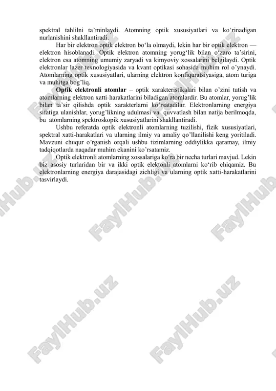 ktron yadroning elektromagnit maydoni bilan bog‘langan. vodorod (h): bitta proton va bitta elektrondan iborat. lity (li): tashqi qatlamidagi yagona elektron 2s orbitada joylashgan. natriy (na): yagona valens elektroni 3s orbitada bo‘ladi. xususiyatlari: sodda kvant mexanik modeli: bir optik elektronli atomlar uchun kvant mexanikasi asosida hisoblashlar osonroq. ularning energiya darajalari schrödinger tenglamasi orqali aniq ifodalanishi mumkin. kimyoviy xossalari: tashqi qatlamidagi bitta elektronni yo‘qotish oson bo‘lgani sababli, ular yuqori reaktivlikka ega. ular odatda musbat ionlar (kationlar) hosil qiladi. masalan, na → na⁺ + e⁻. spektral tahlil: bir optik elektronli atomlarda elektron energiya darajalari o‘rtasida sakrash amalga oshganda yorug‘lik nurlari yutiladi yoki chiqariladi. bu hodisa emis-sion va absorpsion spektrlar hosil bo‘lishiga sabab bo‘ladi. masalan, vodorod atomining spektri balmer seriyasi sifatida mashhur. ionlashish energiyasi: yagona elektronni yadro tortish kuchidan ajratib olish uchun kerak bo‘lgan energiya (ionlashish energiyasi) ancha past bo‘ladi. bu ularning kimyoviy reaktivligini oshiradi. qo‘llanilishi: fizika va kvant mexanikasi tadqiqotlari: bir optik elektronli …