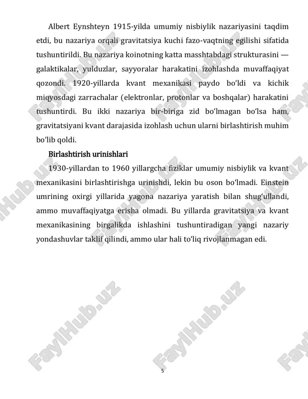 shlab chiqishmoqda. bu nazariyalar gravitatsiyani kvant darajasida tushuntirishga harakat qiladi, lekin hali ham to‘liq tasdiqlanmagan. vaqt muammosi umumiy nisbiylik nazariyasida vaqt fazo-vaqt tuzilmasining bir qismi sifatida ko‘riladi va massa va energiya ta’sirida o‘zgaradi. biroq kvant mexanikasida vaqt mutlaq, uzluksiz va bitta yo‘nalishda harakatlanuvchi o‘lchov sifatida tasvirlanadi. bu ikkita nazariya o‘rtasida vaqtning tushunchasi turlicha bo‘lishi muammoni keltirib chiqaradi. kvant holatlarida esa, kvant mexanikasi vaqtni holatlarning o‘zgarishi sifatida ko‘radi. biroq, gravitatsiya kuchi ta’sirida, vaqtning qanday o‘zgarishi haqida aniq tushunchalar yo‘q. qora tuynuklar kabi kuchli gravitatsion maydonlarda vaqt va fazo qanday birlashishini tushunish juda qiyin. vaqtning kvantlanishida, ba’zi nazariyalar shuni taklif qiladi-ki, vaqt kvantlangan bo‘lishi mumkin. bunda vaqtni hosil qiluvchi "diskret" birligi mavjud bo‘lishi mumkin. biroq bu nazariya hali tasdiqlanmagan va u o‘z ichiga qator savollar va muammolarni oladi. tanqidlar 1. eksperimental isbotning yo‘qligi: kvant gravitatsiyasi nazariyalari hozircha faqat nazariy bo‘lib, ulardan hech biri eksperimental jihatdan isbotlanmagan. kichik miqyosdagi zarrachalar va kuchlar o‘ta …