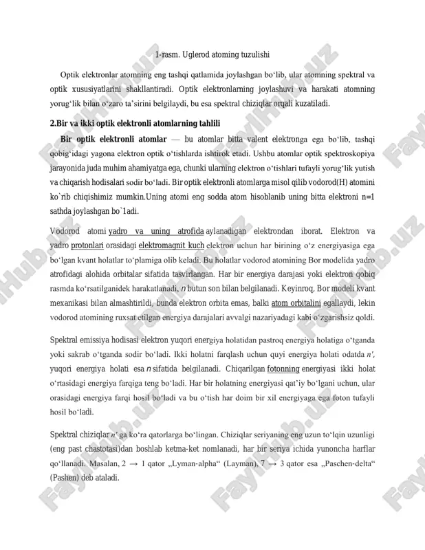 italga avval bittadan elektron joylashgan. spinlar parallel bo‘lib, energiya eng past holatda saqlanadi. 2. kislorod (o) atomining elektron konfiguratsiyasi kislorod atomining elektron konfiguratsiyasi: 1s^2 2s^2 2p^4. 2p-orbitalda 4 ta elektron joylashishi kerak. elektronlar quyidagicha joylashadi: px(↑↓) py(↑) pz(↑) bunda: avval 3 ta suborbitalga bittadan elektron joylashgan. keyin px-orbitallardan biriga ikkinchi elektron qarama-qarshi spin bilan joylashgan. 3.bir va ikki optik elektronli atomlarning o`xshashliklari va farqlari: bir va ikki optik elektronli atomlar kvant mexanikasi qonunlari asosida o‘rganiladi va ularning energiya sathlari, elektron konfiguratsiyasi hamda optik o‘tishlari tadqiq qilinadi. quyida ularning o‘xshashliklari va farqlari batafsil tahlil qilinadi. 1. o‘xshashliklari 1. kvant mexanikasi qonunlariga bo‘ysunish o har ikkala turdagi atomlar kvant mexanikasining asosiy qonunlari, jumladan schrödinger tenglamasi, pauli prinsipi va xund qoidasi asosida tushuntiriladi. o elektronlar energiya sathlari va orbitallarda kvant sonlariga ko‘ra joylashadi. 2. optik o‘tishlar o bir va ikki optik elektronli atomlarda optik o‘tishlar (yorug‘lik yutilishi yoki chiqarilishi) sodir bo‘ladi. o elektronlar …