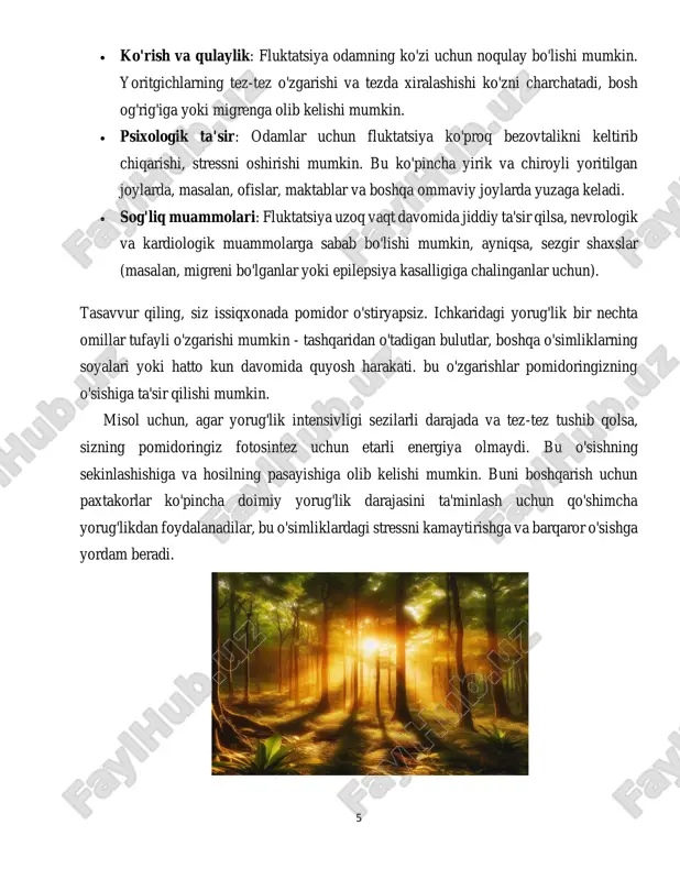 detektorlar yordamida signal sifatini oshirishda, biologik tadqiqotlarda va boshqa ko'plab sohalarda qo'llaniladi. ular, shuningdek, atrof-muhitni monitoring qilish va fizik jarayonlarni o'rganishda muhim rol o'ynaydi. yorug'lik oqimi fluktuatsiyalari, shuningdek, ilmiy tadqiqotlar va texnologik innovatsiyalar uchun yangi imkoniyatlar yaratadi, chunki ularning o'rganilishi kvant texnologiyalari va optik tizimlarning samaradorligini oshirishga yordam beradi. yorug'lik oqimi fluktuatsiyalarining tabiati va sabablari haqida quyidagi asosiy nuqtalarni ko'rib chiqamiz: 8 yorug'lik oqimi tushunchasi yorug'lik oqimi — bu bir vaqtning o'zida bir yuzaga tushayotgan yorug'lik energiyasining miqdori. u lumen (lm) birligida o'lchanadi. yorug'lik manbalari: tabiiy (quyosh) va sun'iy (lampalar, lazerlar) manbalar yorug'lik oqimini hosil qiladi. fluktuatsiyalar tabiati fluktuatsiya: yorug'lik oqimining vaqt davomida o'zgarishi, ya'ni yorug'likning kuchi yoki intensivligining o'zgarishi fluktuatsiya deb ataladi. statistik xususiyatlar: fluktuatsiyalar ko'pincha tasodifiy jarayonlar sifatida ko'rib chiqiladi va ularning statistik xususiyatlari (masalan, o'rtacha qiymat, dispersiya) o'rganiladi. tabiiy sabablari: atmosfera sharoitlari: bulutlar, chang, namlik va boshqa atmosfera omillari yorug'lik oqimini o'zgartirishi mumkin. quyosh faoliyati: quyosh nuri …